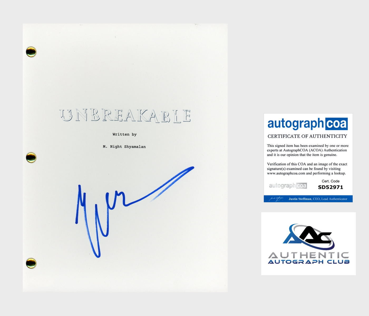 M. NIGHT SHYAMALAN AUTOGRAPH SIGNED UNBREAKABLE FULL SCRIPT ACOA