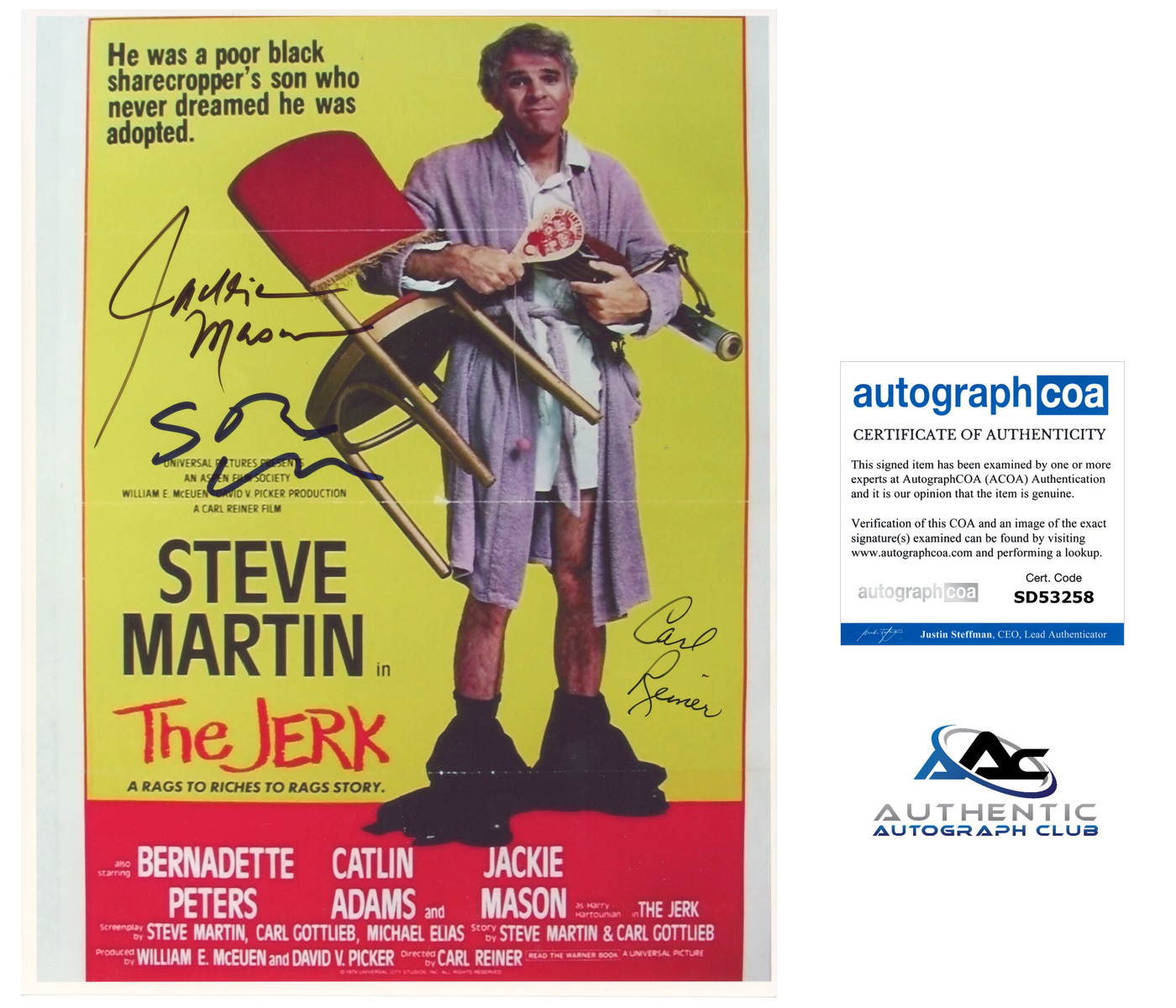 STEVE MARTIN JACKIE MASON CARL REINER AUTOGRAPH SIGNED THE JERK PHOTO 8.5X11 COA