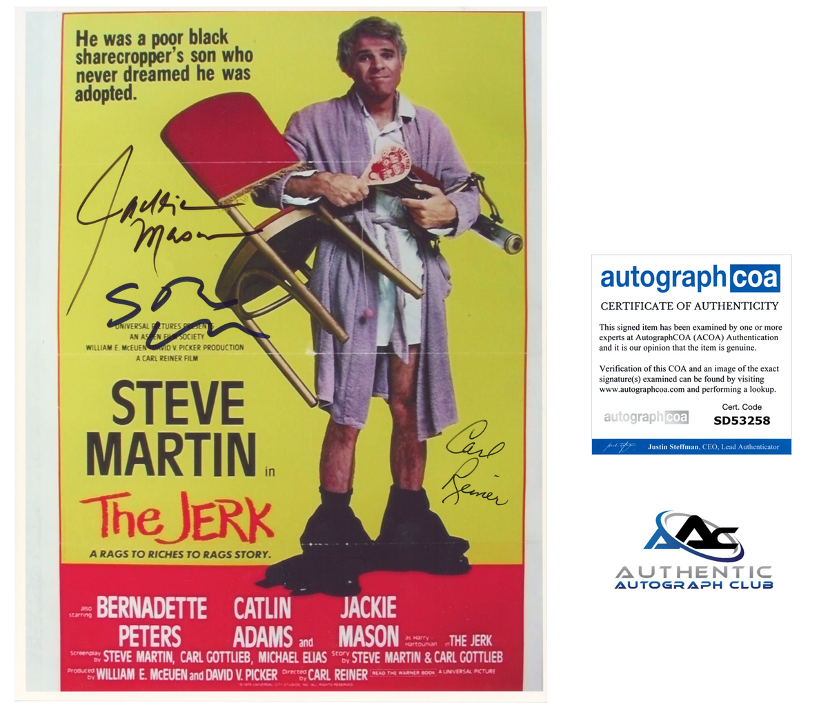 STEVE MARTIN JACKIE MASON CARL REINER AUTOGRAPH SIGNED THE JERK PHOTO 8.5X11 COA
