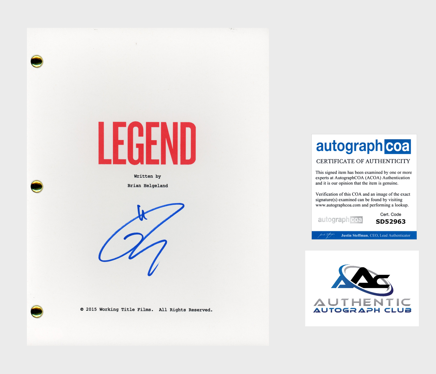 TOM HARDY AUTOGRAPH SIGNED LEGEND FULL SCRIPT SCREENPLAY ACOA
