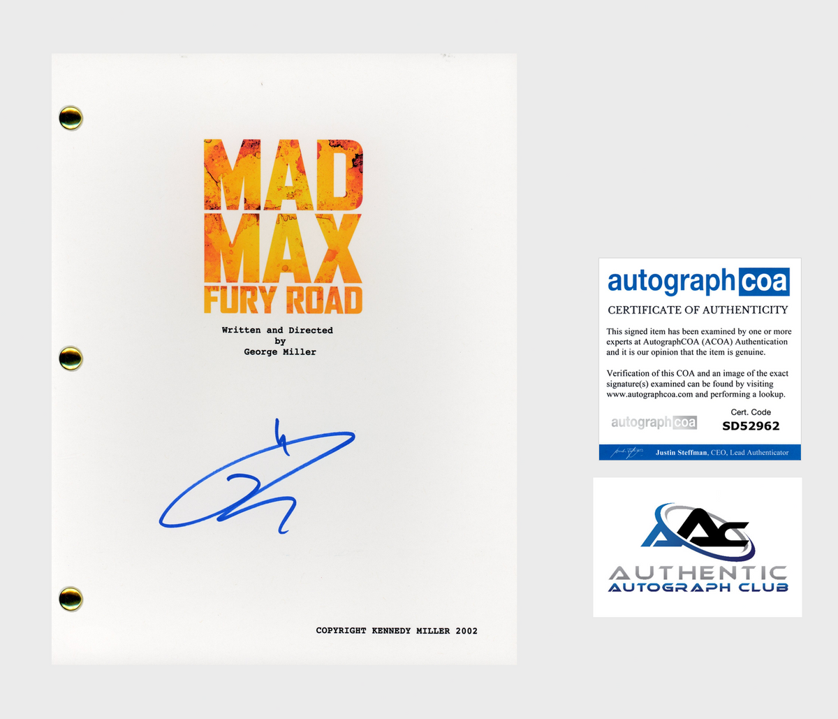 TOM HARDY AUTOGRAPH SIGNED MAD MAX FURY ROAD FULL SCRIPT SCREENPLAY ACOA