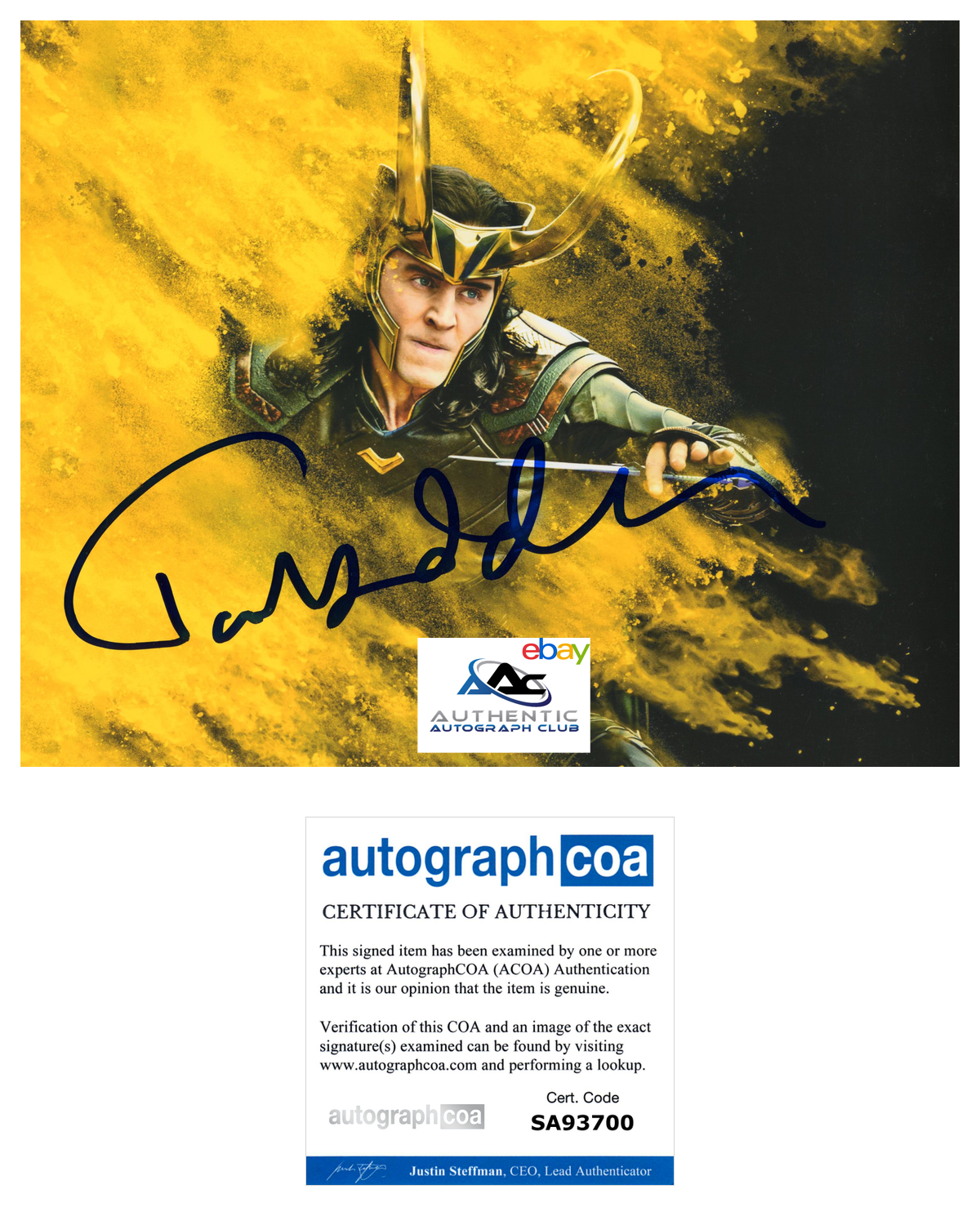TOM HIDDLESTON AUTOGRAPH SIGNED 8X10 PHOTO LOKI THOR AVENGERS MARVEL ACOA COA