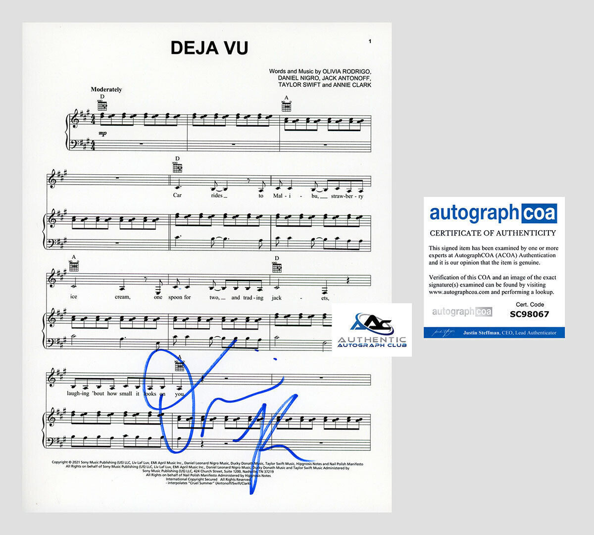 OLIVIA RODRIGO AUTOGRAPH SIGNED DEJA VU SHEET MUSIC ACOA