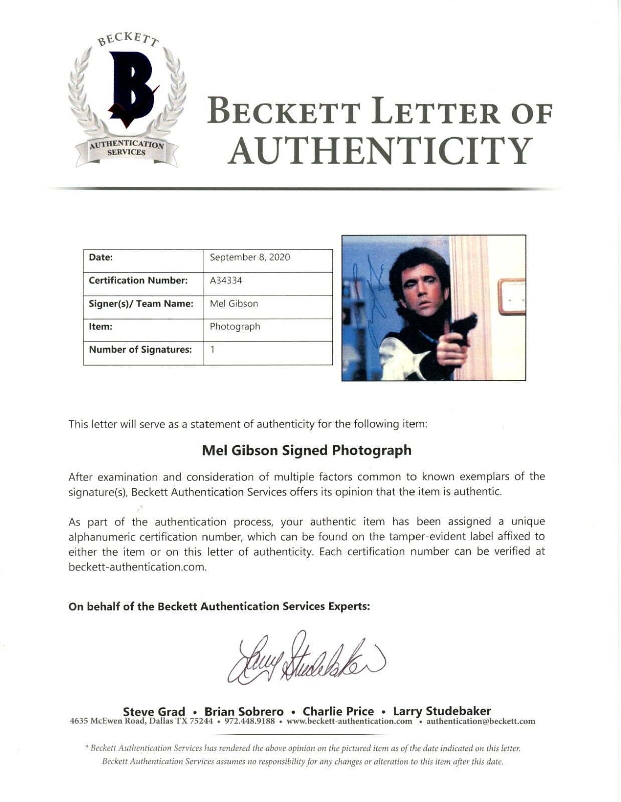 MEL GIBSON AUTOGRAPH SIGNED 11x14 PHOTO LETHAL WEAPON BECKETT BAS LETTER
