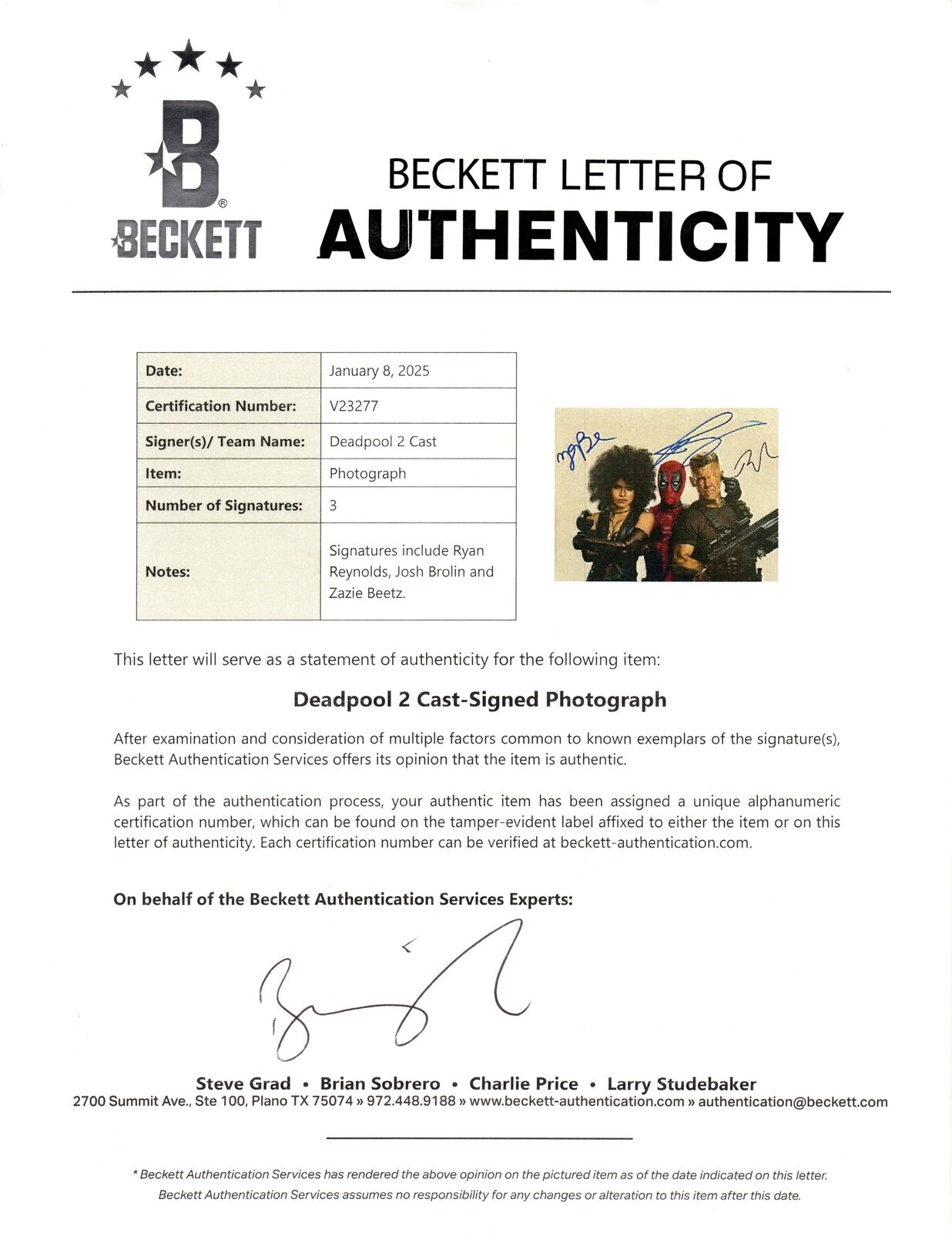 RYAN REYNOLDS, JOSH BROLIN +1 AUTOGRAPH SIGNED 11X14 PHOTO DEADPOOL BECKETT BAS