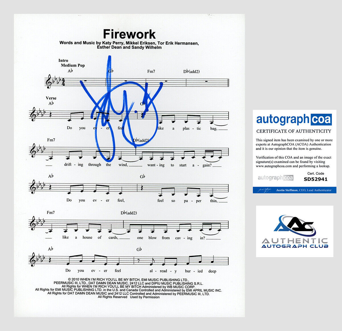 KATY PERRY AUTOGRAPH SIGNED SHEET MUSIC FIREWORK ACOA