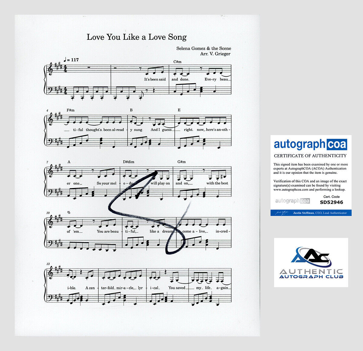 SELENA GOMEZ AUTOGRAPH SIGNED SHEET MUSIC LOVE YOU LIKE A LOVE SONG ACOA