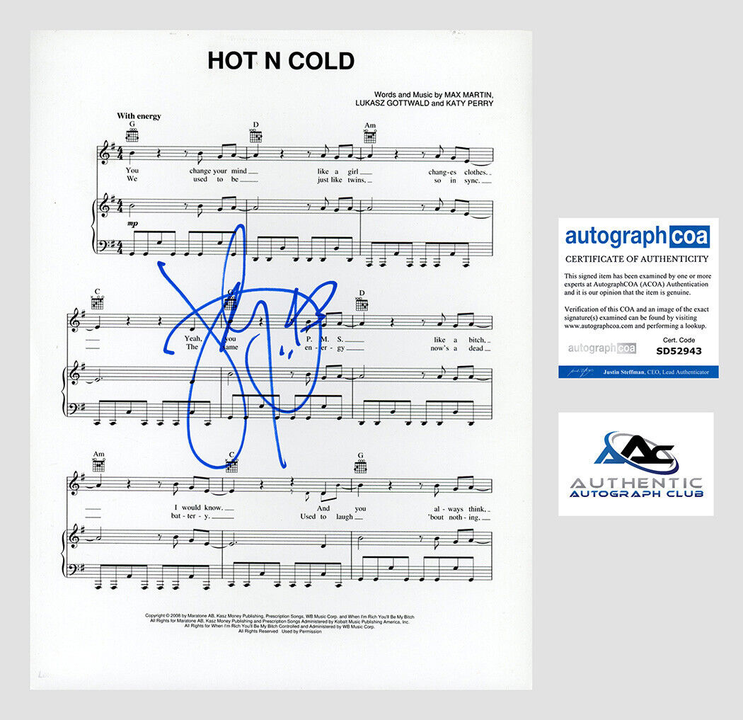 KATY PERRY AUTOGRAPH SIGNED SHEET MUSIC HOT N COLD ACOA