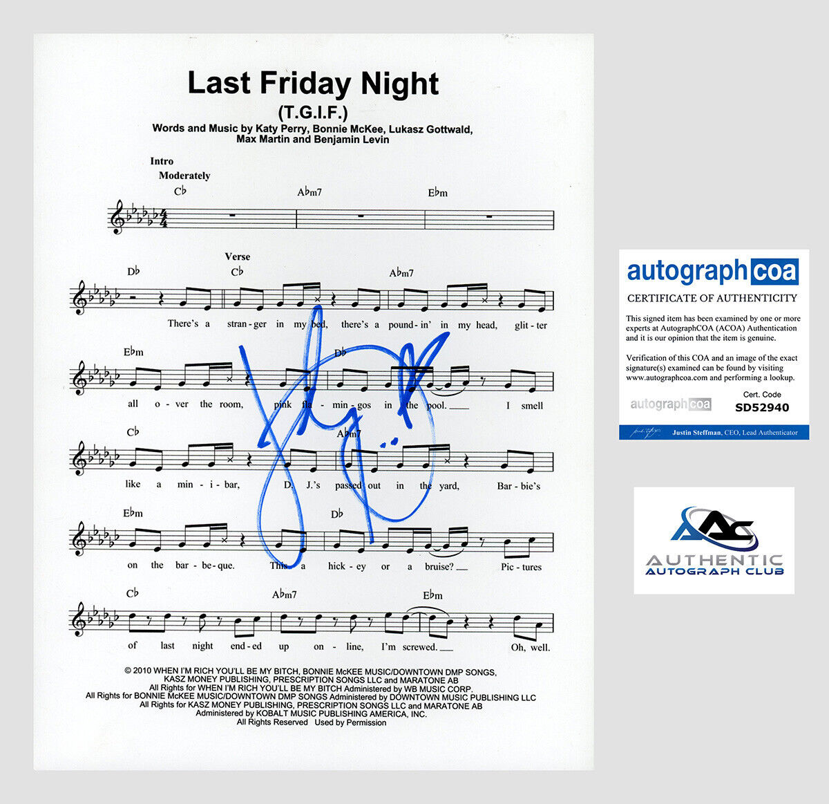 KATY PERRY AUTOGRAPH SIGNED SHEET MUSIC LAST FRIDAY NIGHT T.G.I.F. ACOA
