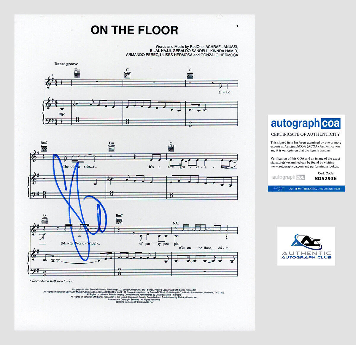 JENNIFER LOPEZ AUTOGRAPH SIGNED SHEET MUSIC ON THE FLOOR ACOA