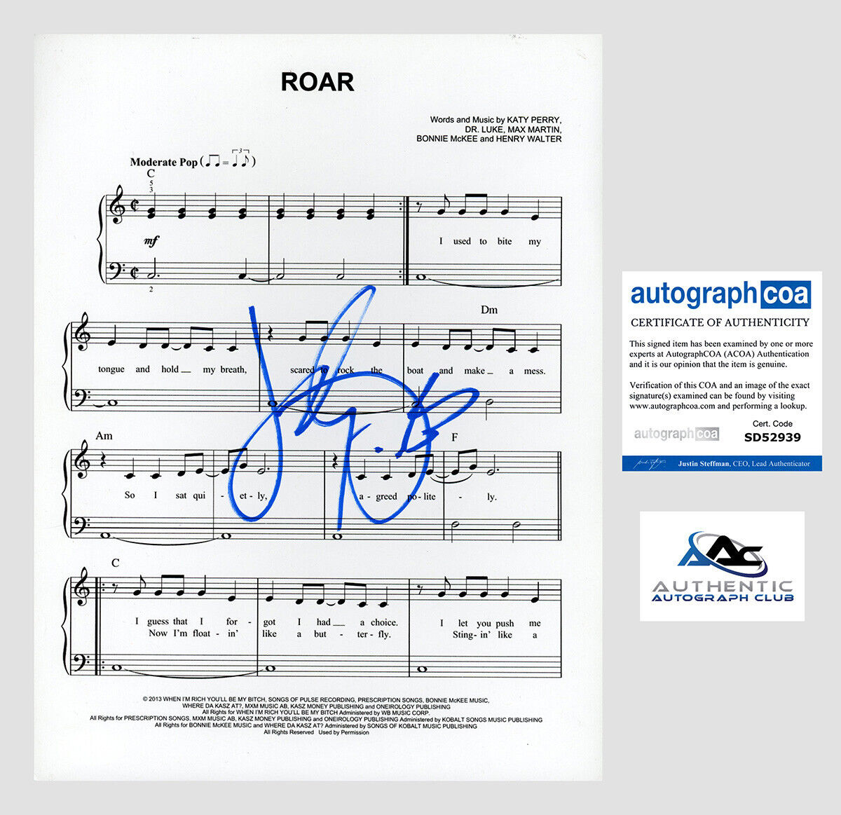 KATY PERRY AUTOGRAPH SIGNED SHEET MUSIC ROAR ACOA