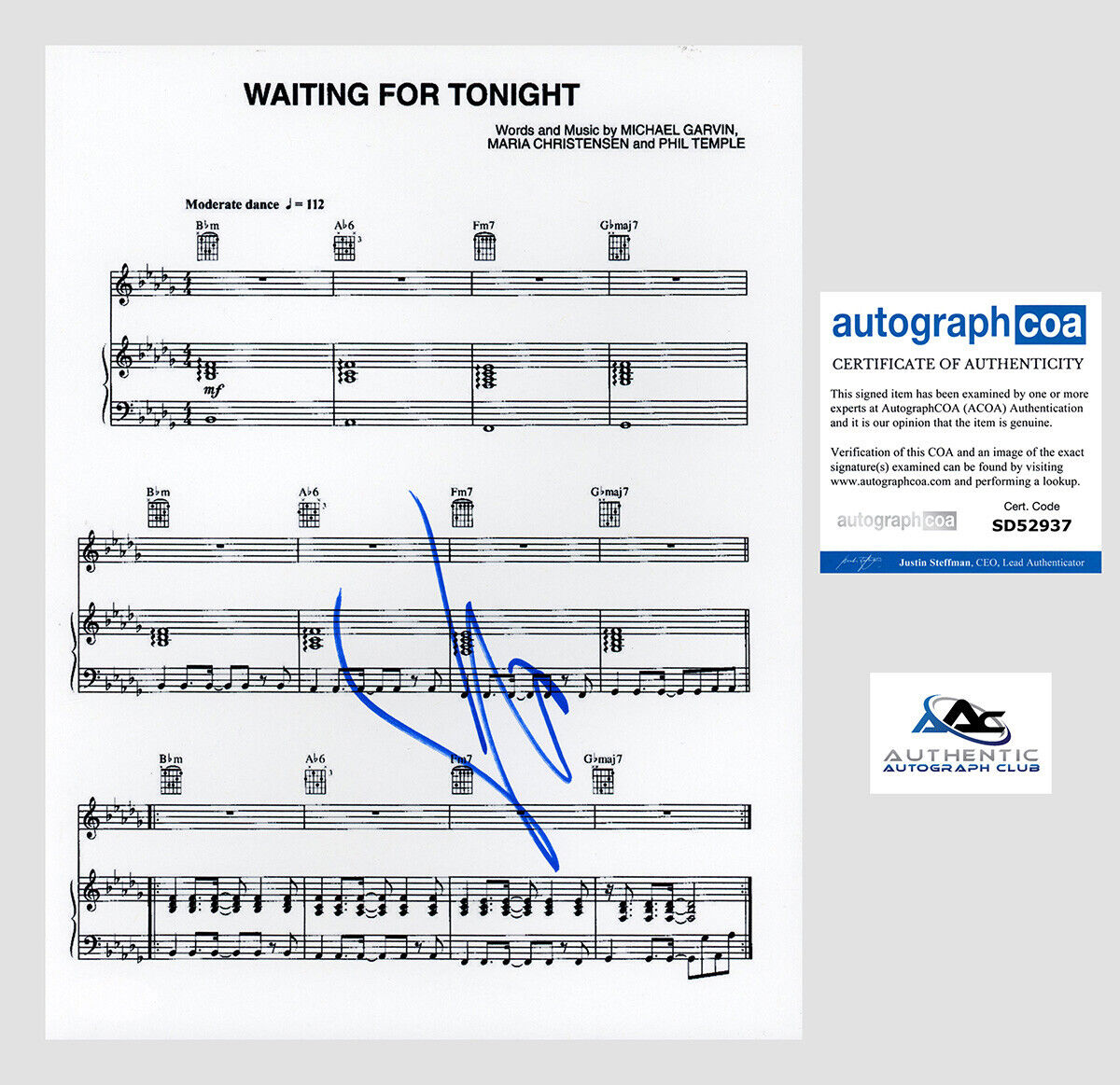 JENNIFER LOPEZ AUTOGRAPH SIGNED SHEET MUSIC WAITING FOR TONIGHT ACOA