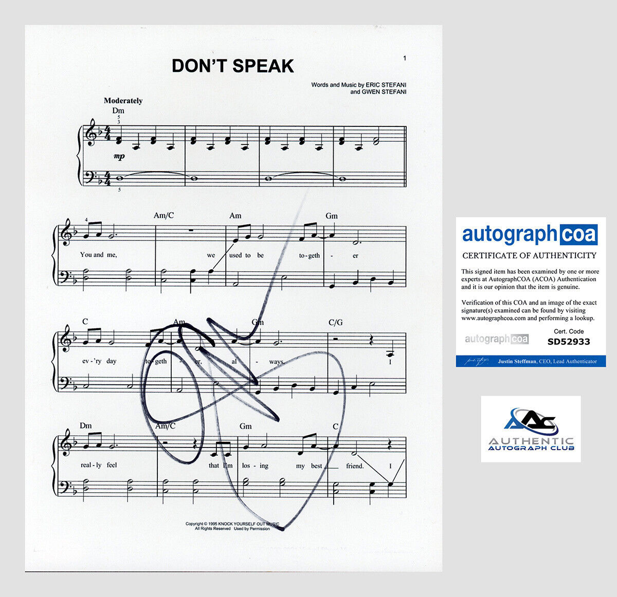 GWEN STEFANI AUTOGRAPH SIGNED SHEET MUSIC DON'T SPEAK ACOA