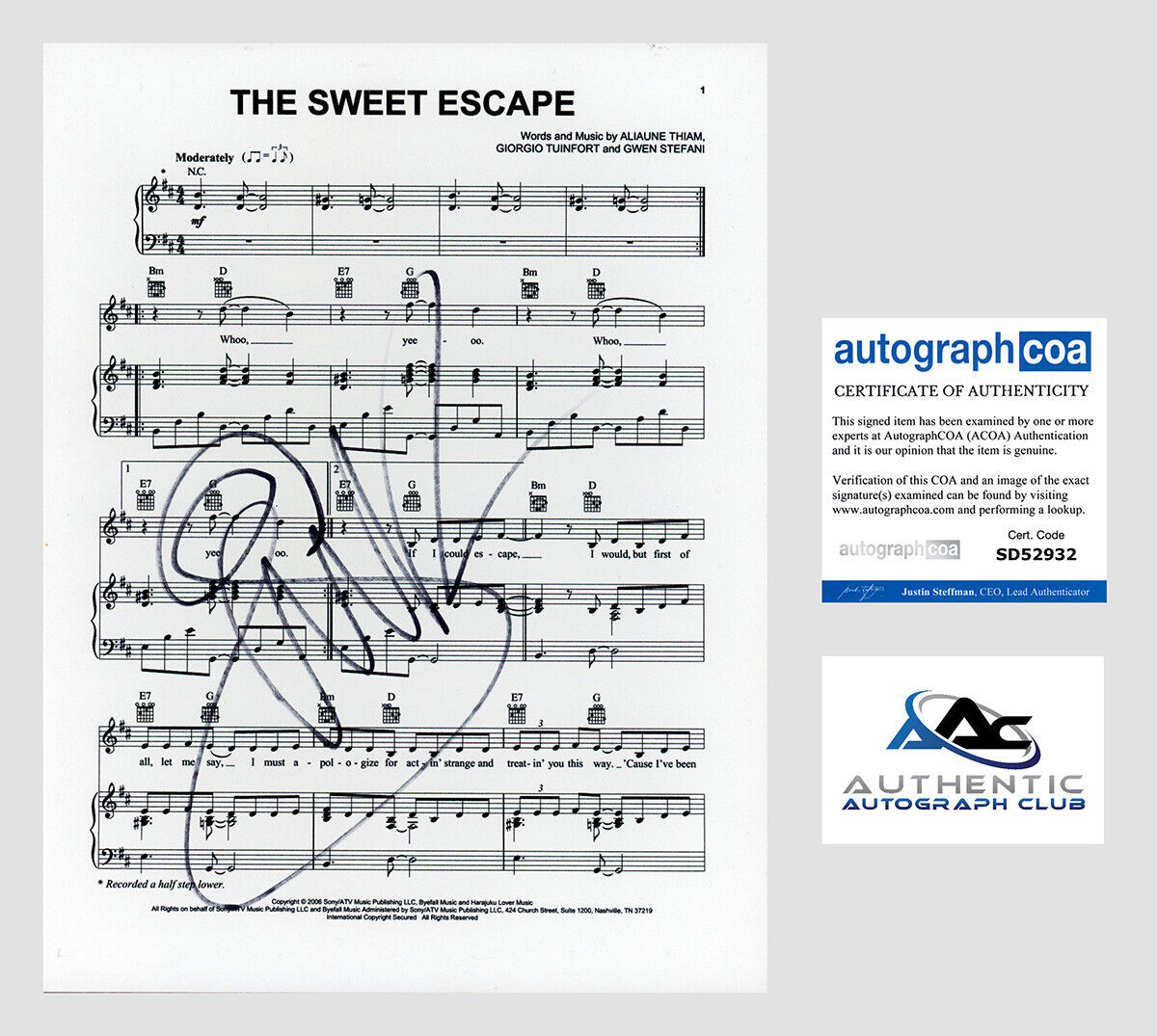 GWEN STEFANI AUTOGRAPH SIGNED SHEET MUSIC THE SWEET ESCAPE ACOA