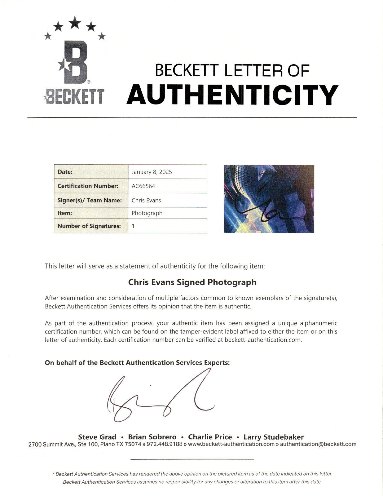 CHRIS EVANS AUTOGRAPH SIGNED 11X14 PHOTO CAPTAIN AMERICA MARVEL BECKETT BAS