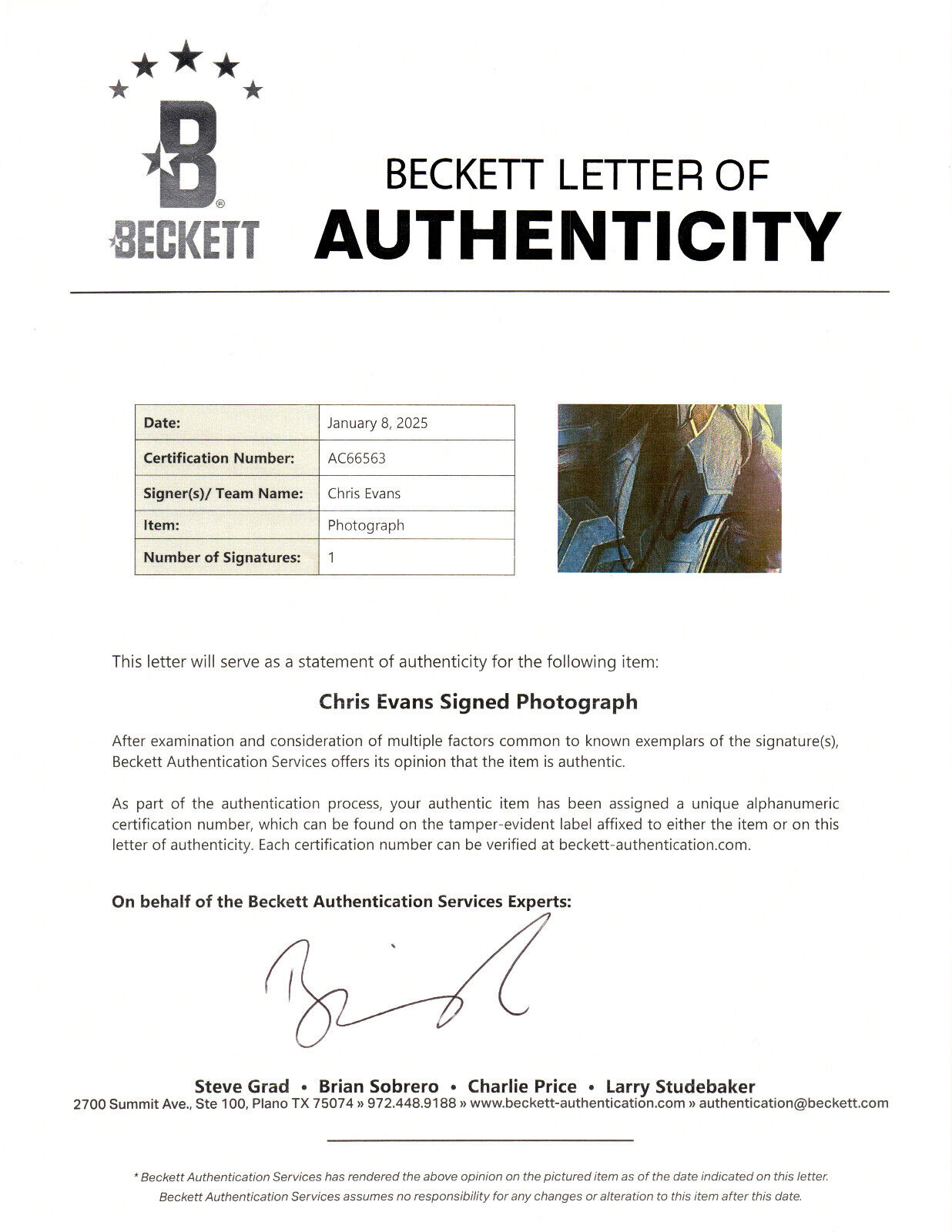 CHRIS EVANS AUTOGRAPH SIGNED 11X14 PHOTO CAPTAIN AMERICA MARVEL BECKETT BAS