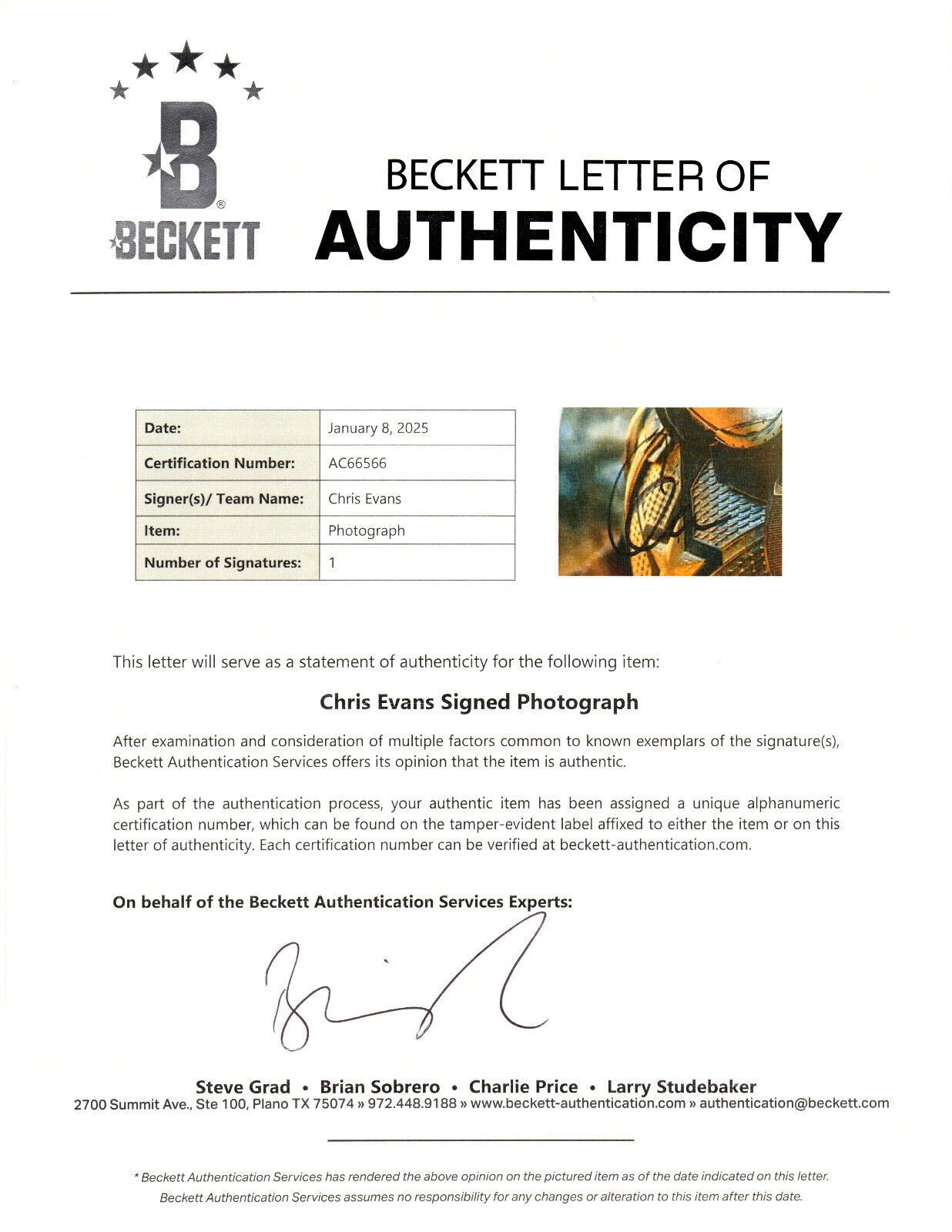 CHRIS EVANS AUTOGRAPH SIGNED 11X14 PHOTO CAPTAIN AMERICA MARVEL BECKETT BAS