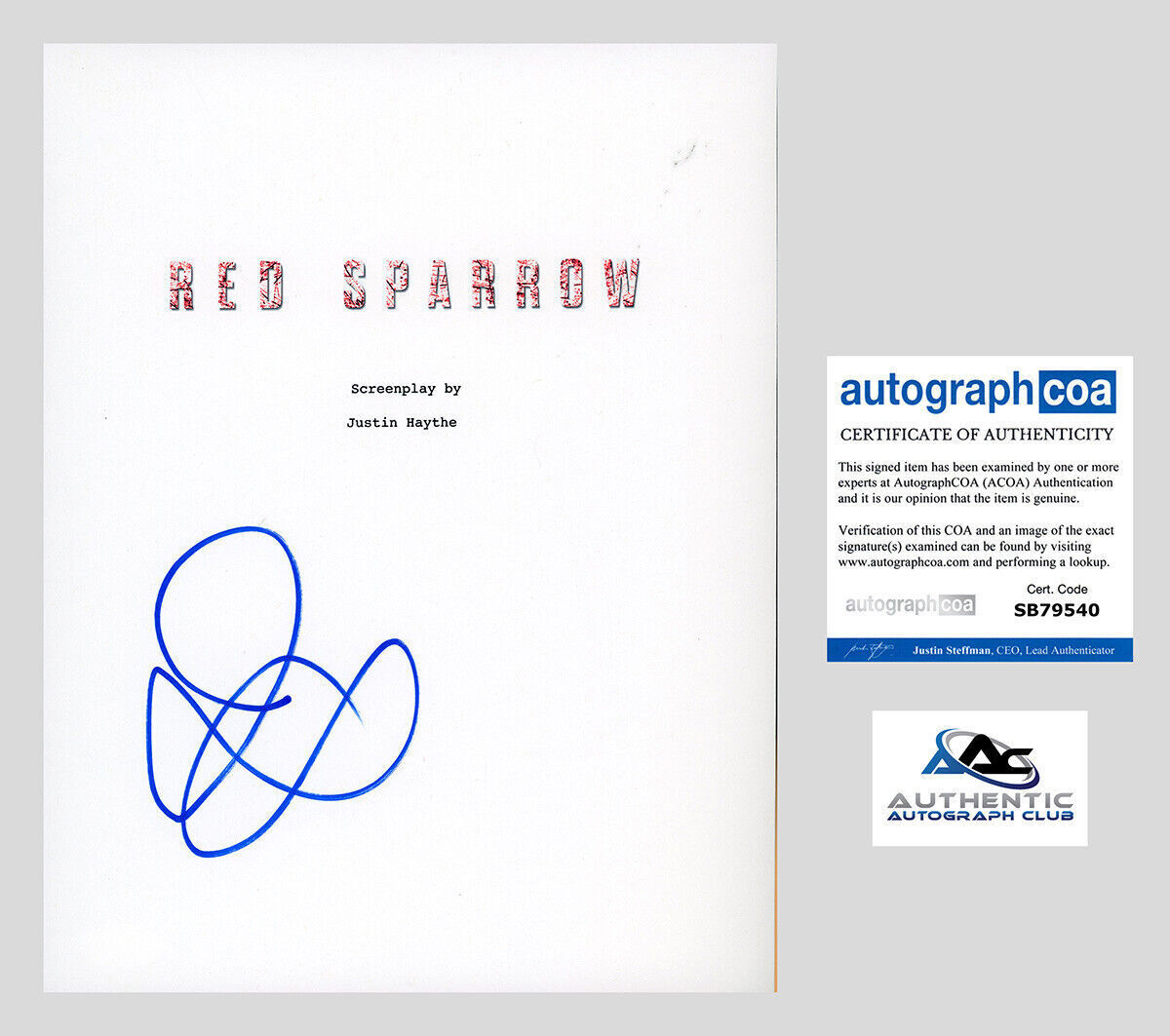 JENNIFER LAWRENCE AUTOGRAPH SIGNED RED SPARROW FULL SCRIPT ACOA