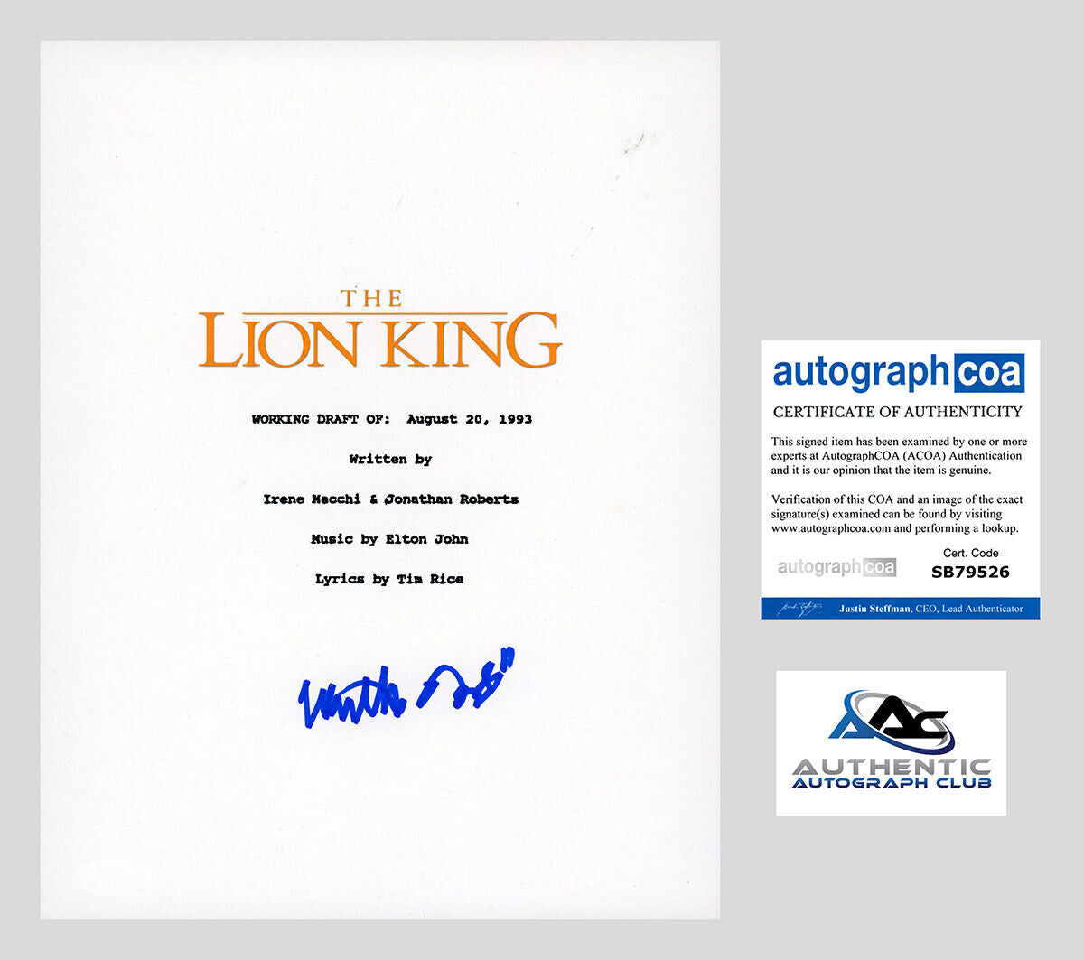 MATTHEW BRODERICK AUTOGRAPH SIGNED THE LION KING MOVIE SCRIPT ACOA COA