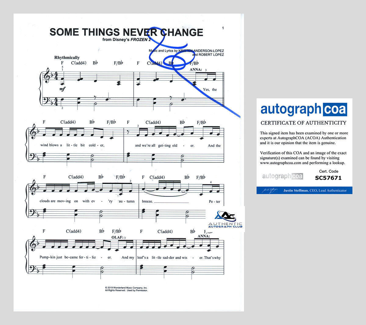 IDINA MENZEL AUTOGRAPH SIGNED FROZEN SOME THINGS NEVER CHANGE SHEET MUSIC ACOA