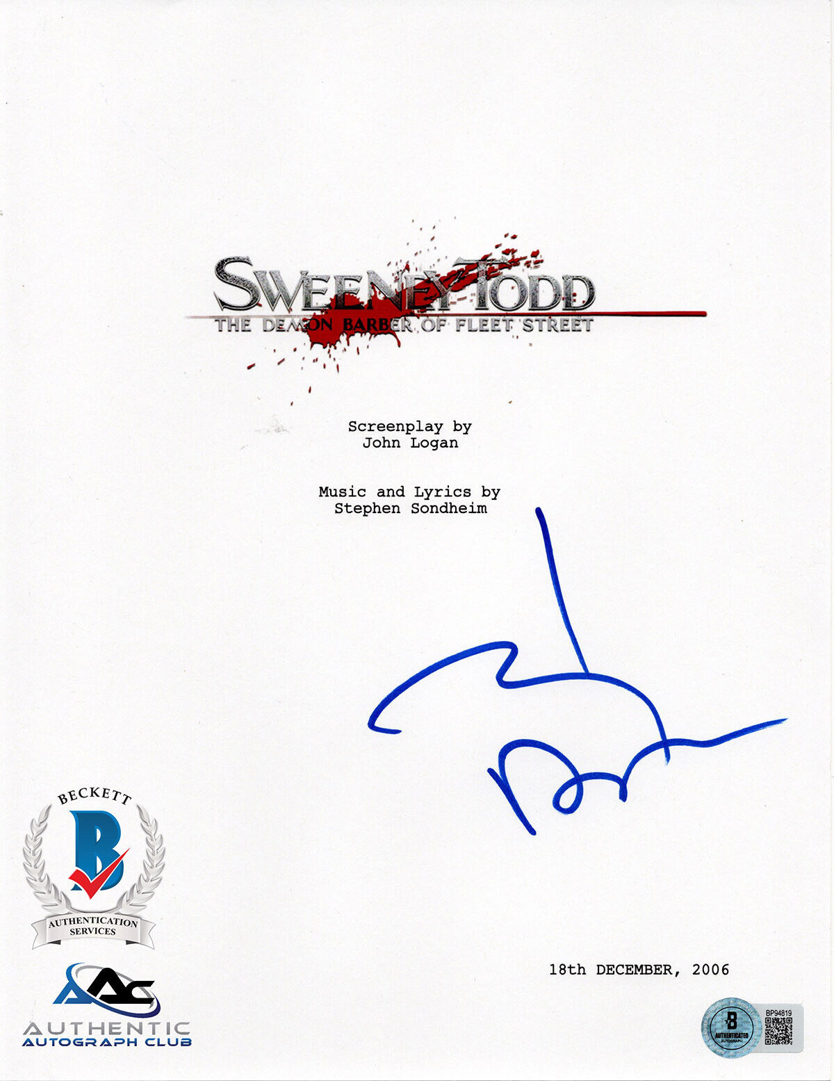 JOHNNY DEPP AUTOGRAPH SIGNED SWEENEY TODD SCRIPT SCREENPLAY BECKETT BAS COA
