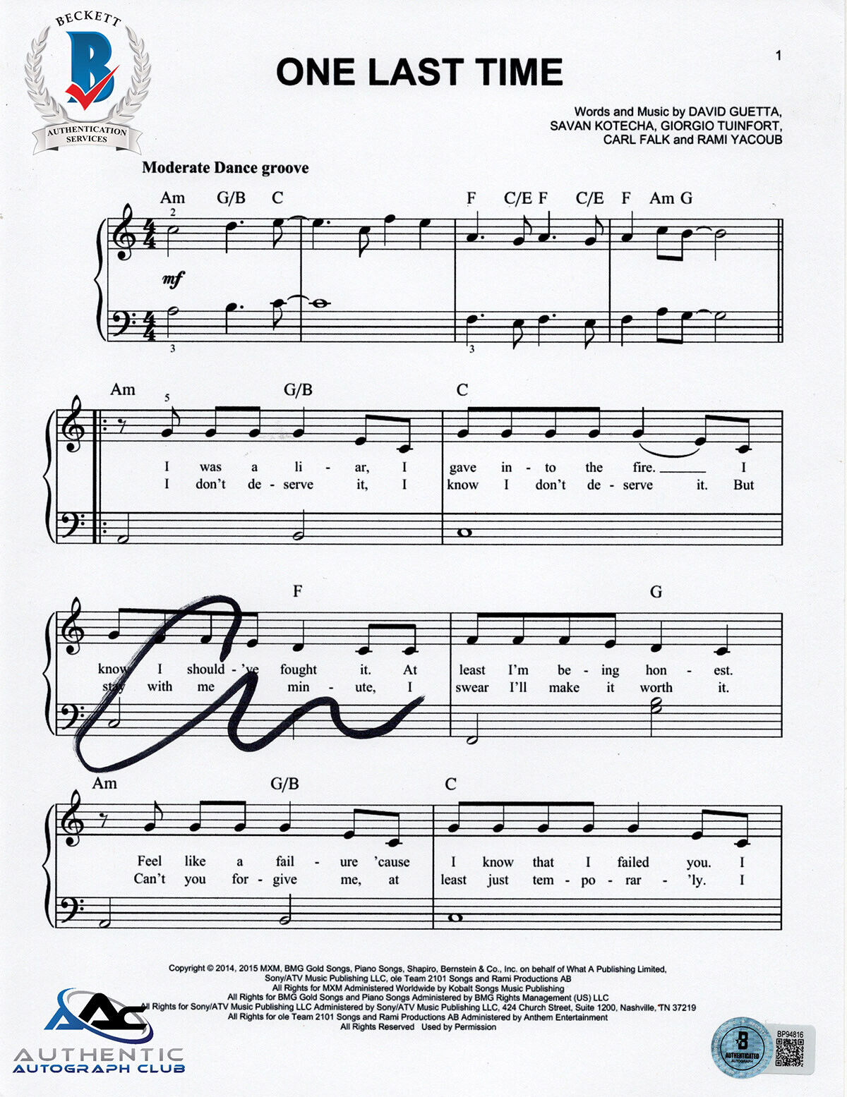 ARIANA GRANDE AUTOGRAPH SIGNED SHEET MUSIC ONE LAST TIME WICKED BECKETT BAS