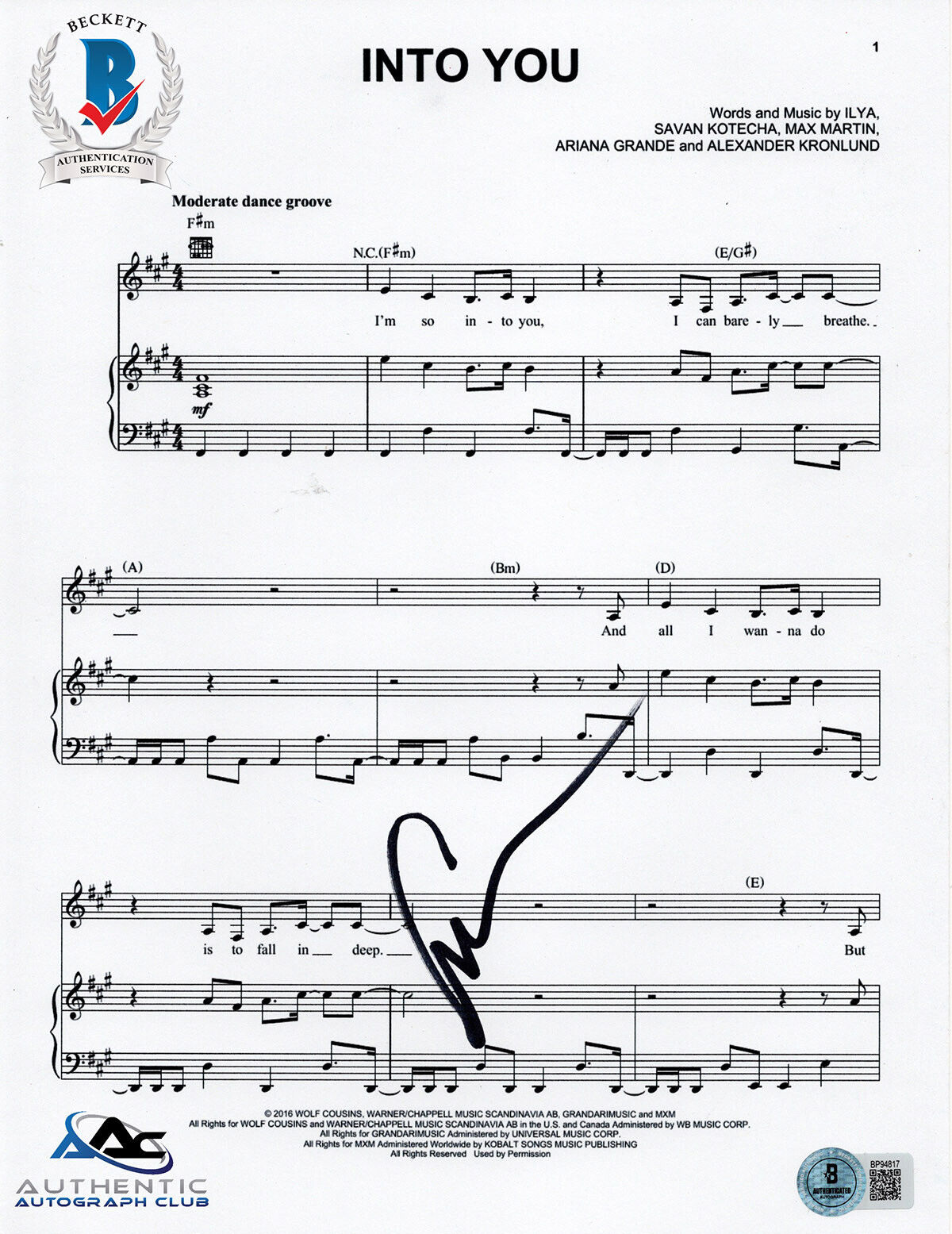 ARIANA GRANDE AUTOGRAPH SIGNED SHEET MUSIC INTO YOU WICKED BECKETT BAS