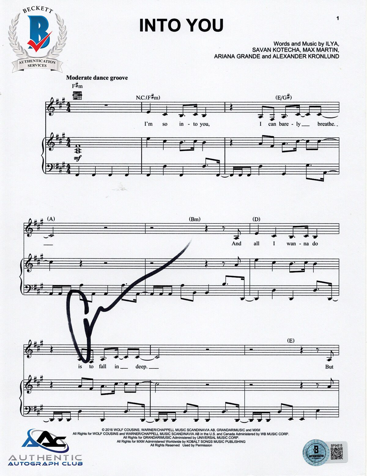 ARIANA GRANDE AUTOGRAPH SIGNED SHEET MUSIC INTO YOU WICKED BECKETT BAS