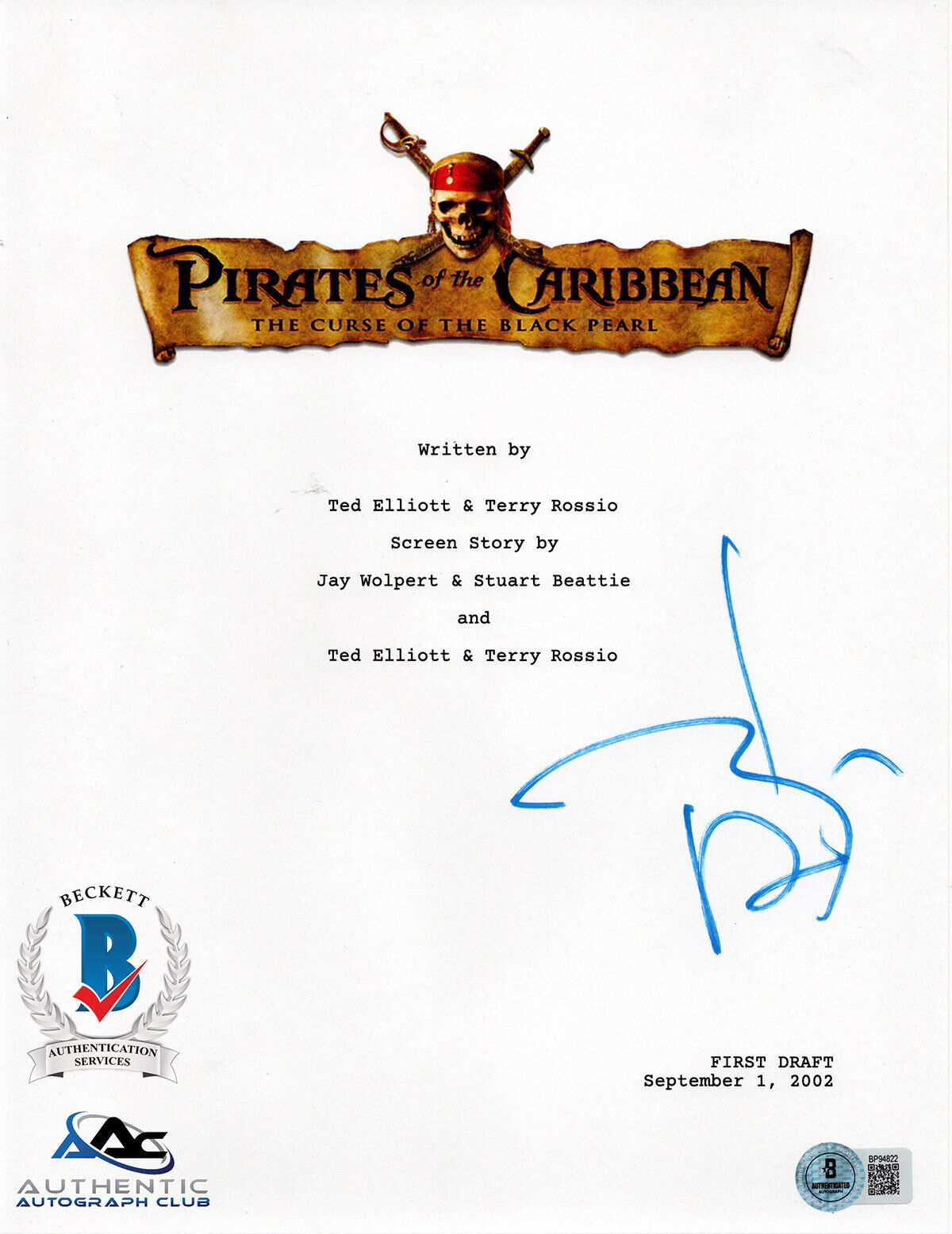 JOHNNY DEPP AUTOGRAPH SIGNED PIRATES OF THE CARIBBEAN FULL SCRIPT BECKETT BAS