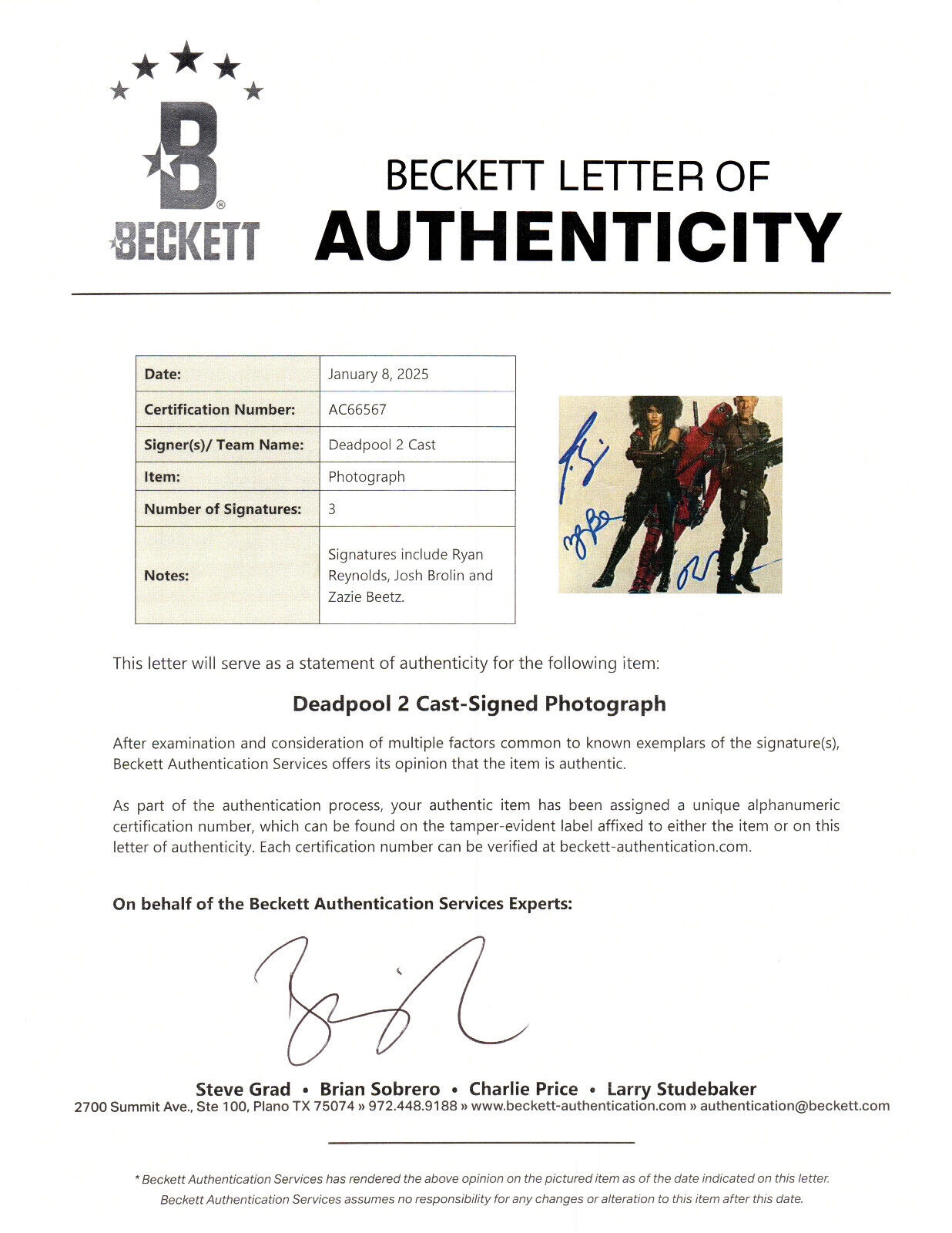 RYAN REYNOLDS, JOSH BROLIN +1 AUTOGRAPH SIGNED 8X10 PHOTO DEADPOOL BECKETT BAS