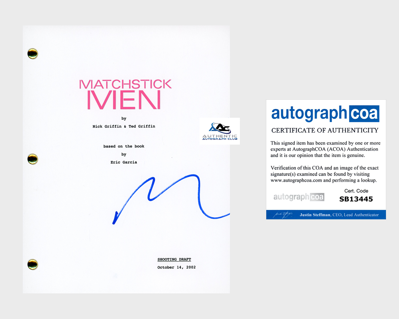 NICOLAS CAGE AUTOGRAPH SIGNED MATCHSTICK MEN SCRIPT ACOA