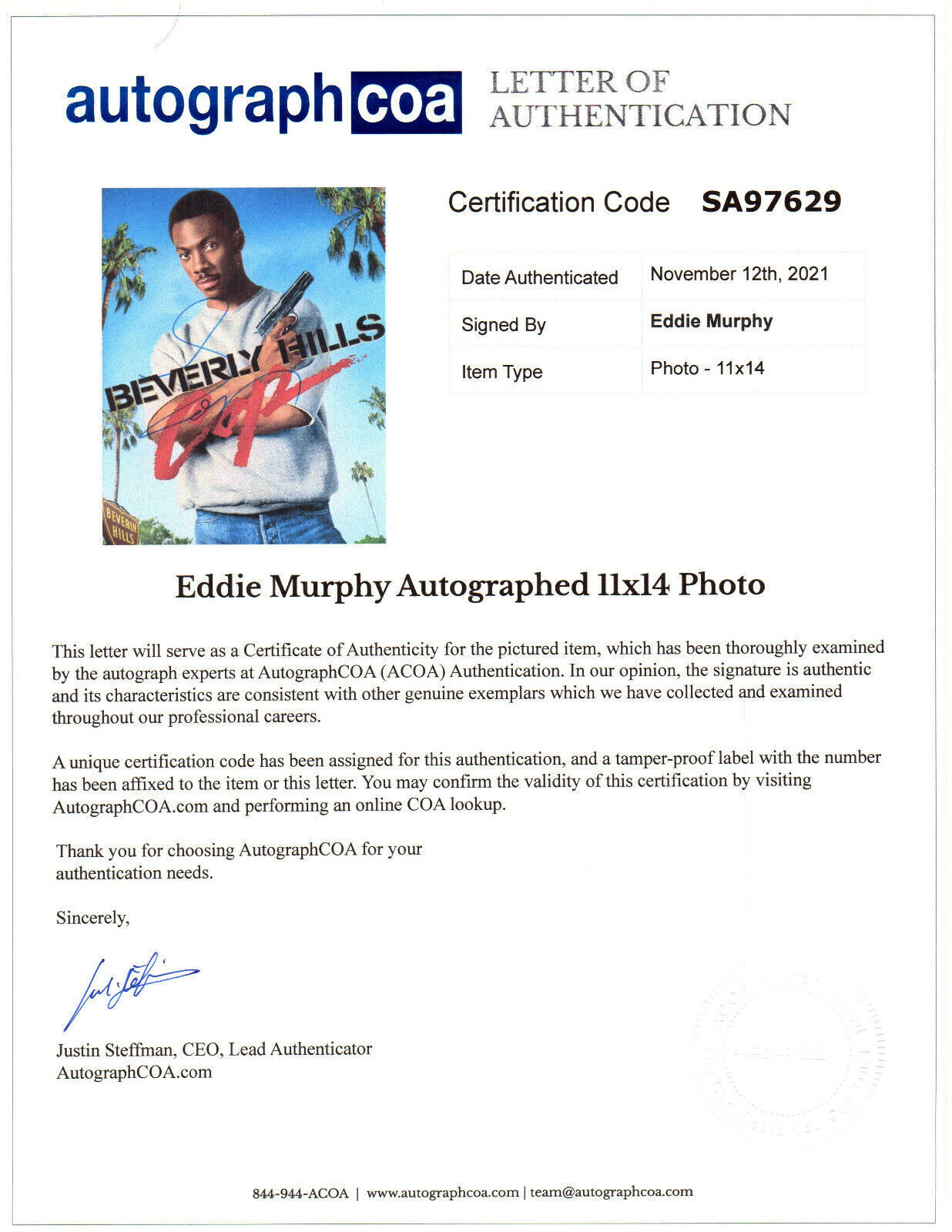 EDDIE MURPHY AUTOGRAPH SIGNED 11x14 PHOTO BEVERLY HILLS COP LOA ACOA