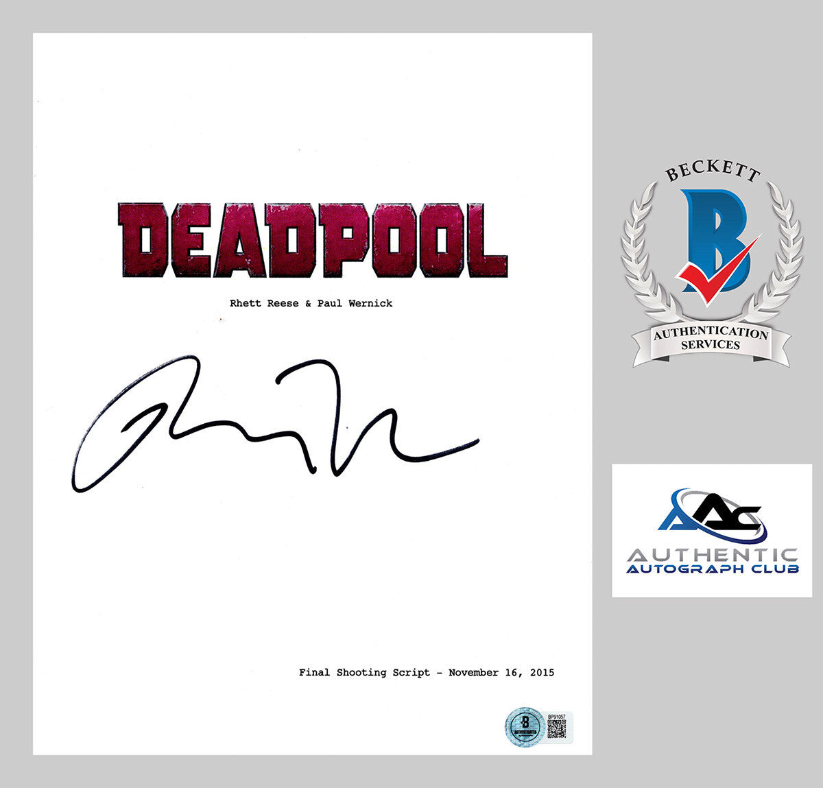 RYAN REYNOLDS AUTOGRAPH SIGNED FULL DEADPOOL SCRIPT BECKETT BAS