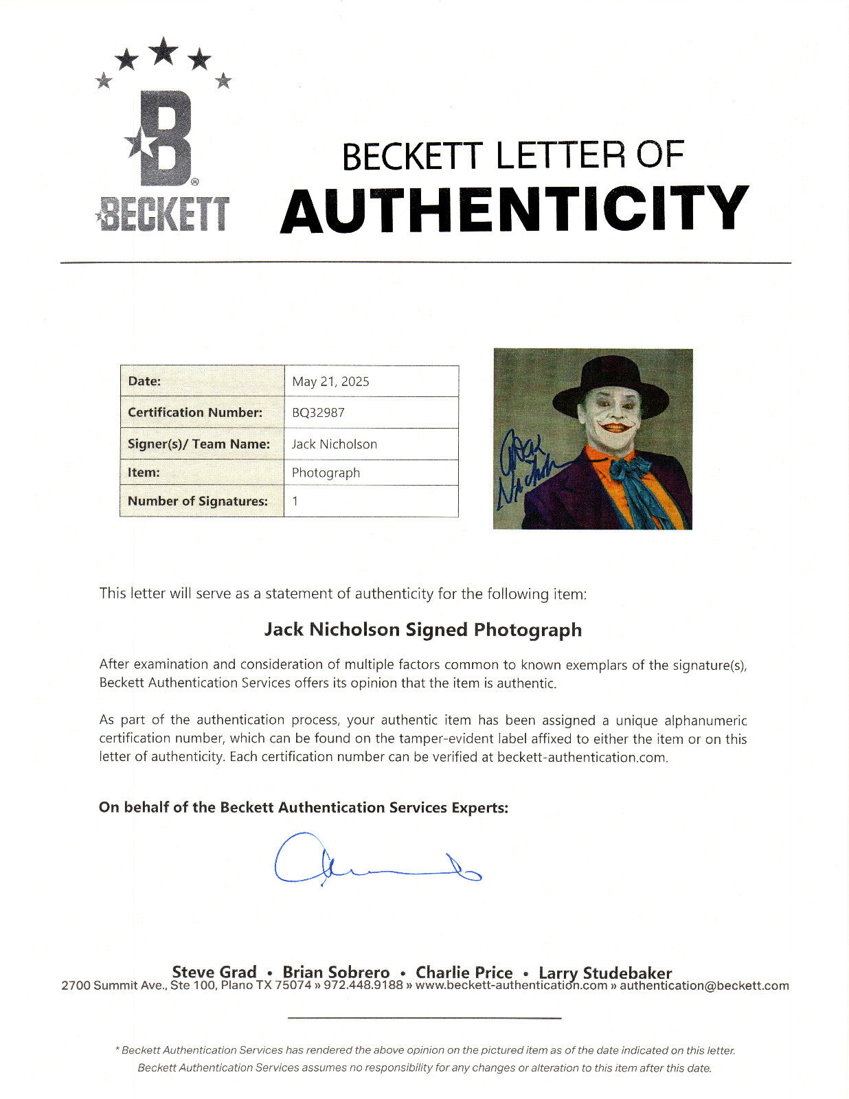 JACK NICHOLSON AUTOGRAPH SIGNED 8X10 PHOTO BATMAN JOKER BECKETT COA LOA BAS