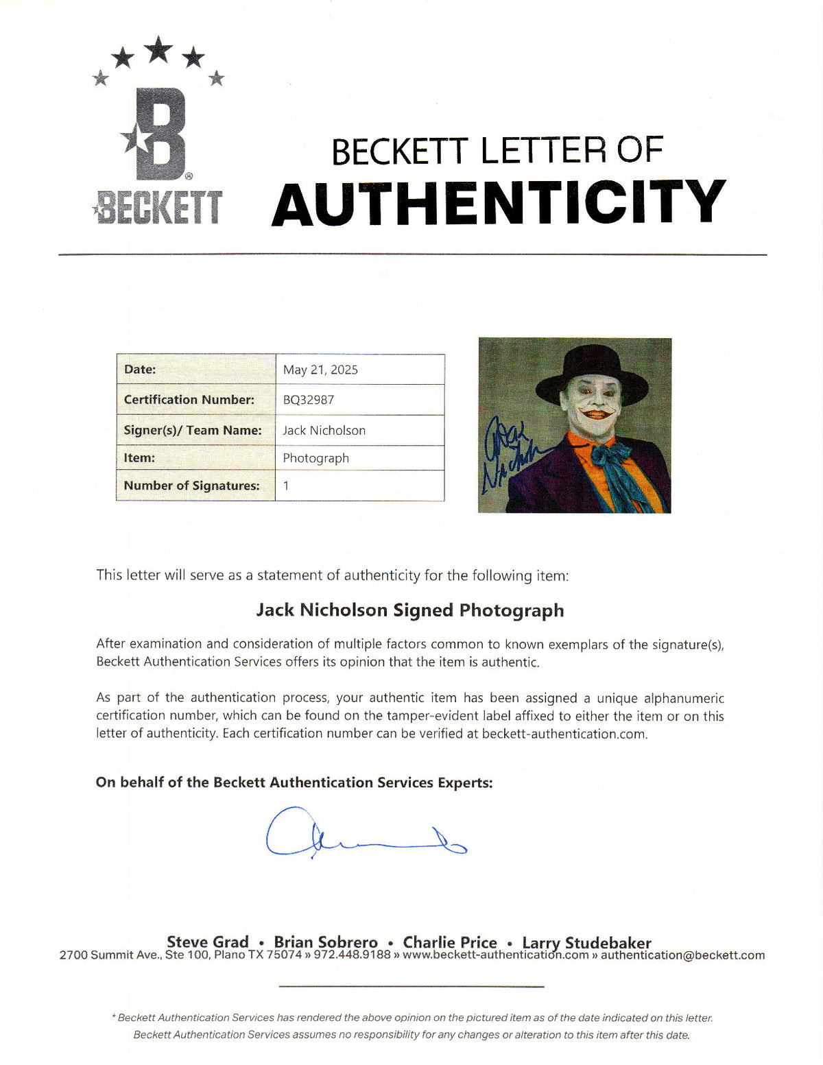 JACK NICHOLSON AUTOGRAPH SIGNED 8X10 PHOTO BATMAN JOKER BECKETT COA LOA BAS