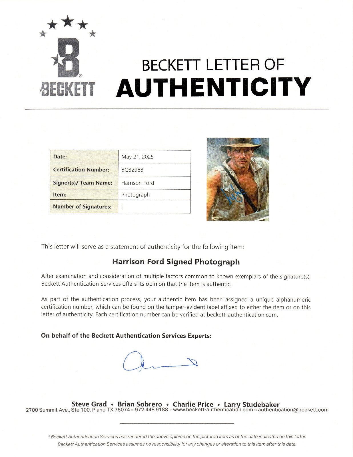 HARRISON FORD AUTOGRAPH SIGNED 11X14 PHOTO INDIANA JONES BECKETT BAS COA LOA