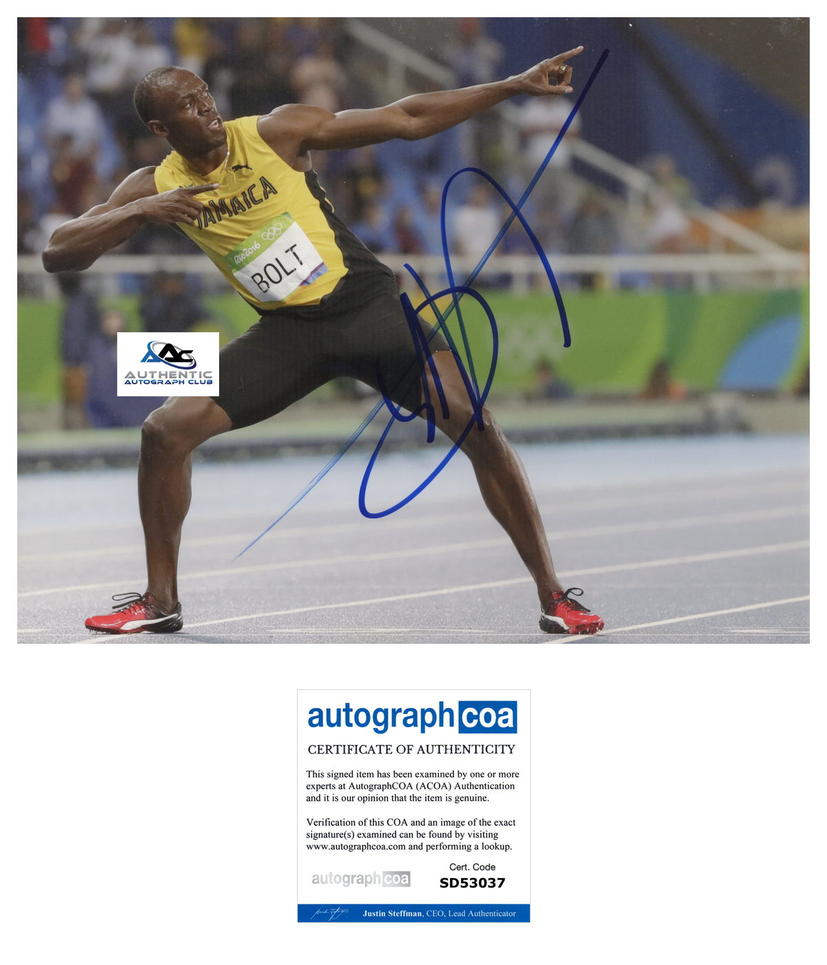 USAIN BOLT AUTOGRAPH SIGNED 8X10 PHOTO 2016 RIO OLYMPIC GOLD MEDALIST ACOA