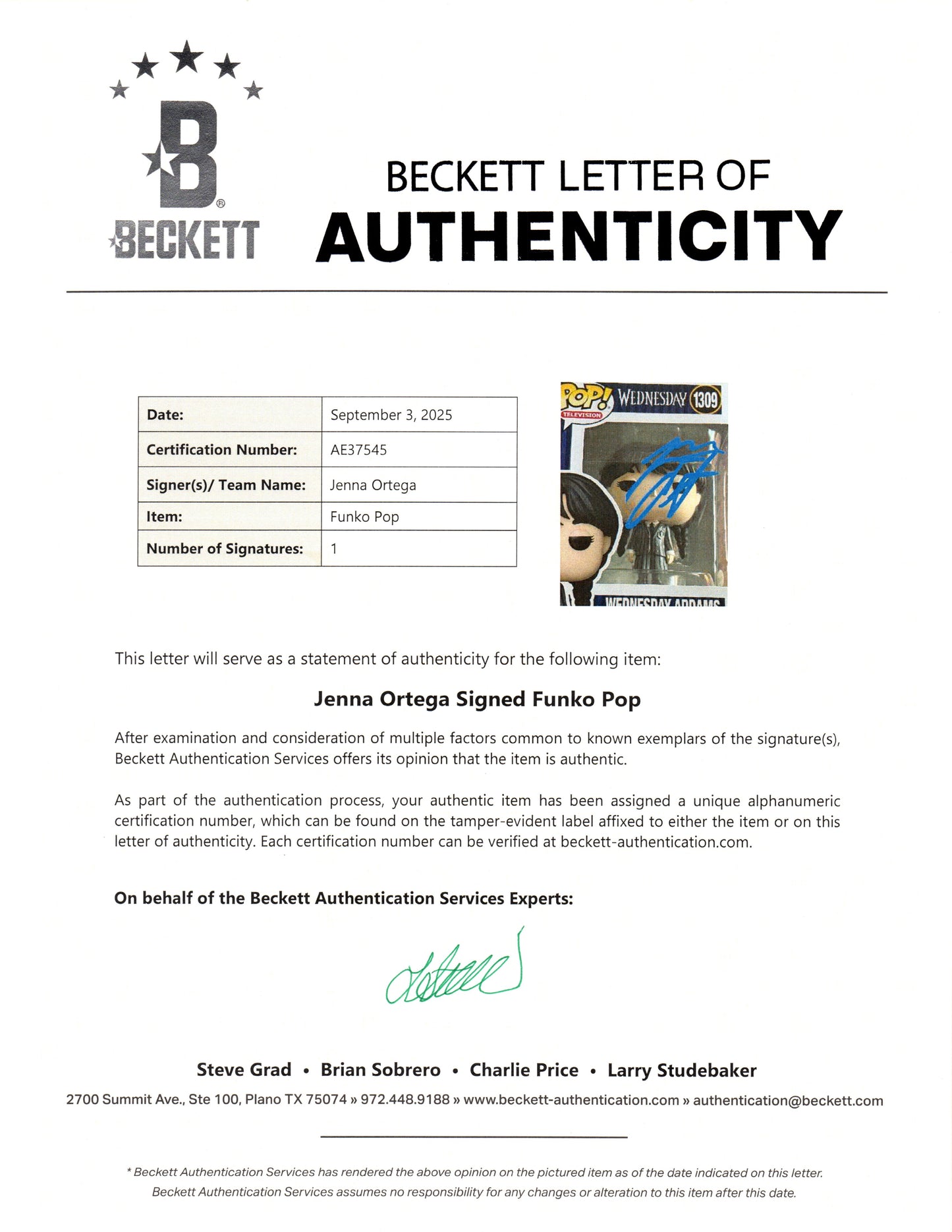 JENNA ORTEGA AUTOGRAPH SIGNED WEDNESDAY ADDAMS FUNKO BECKETT BAS LOA ACOA