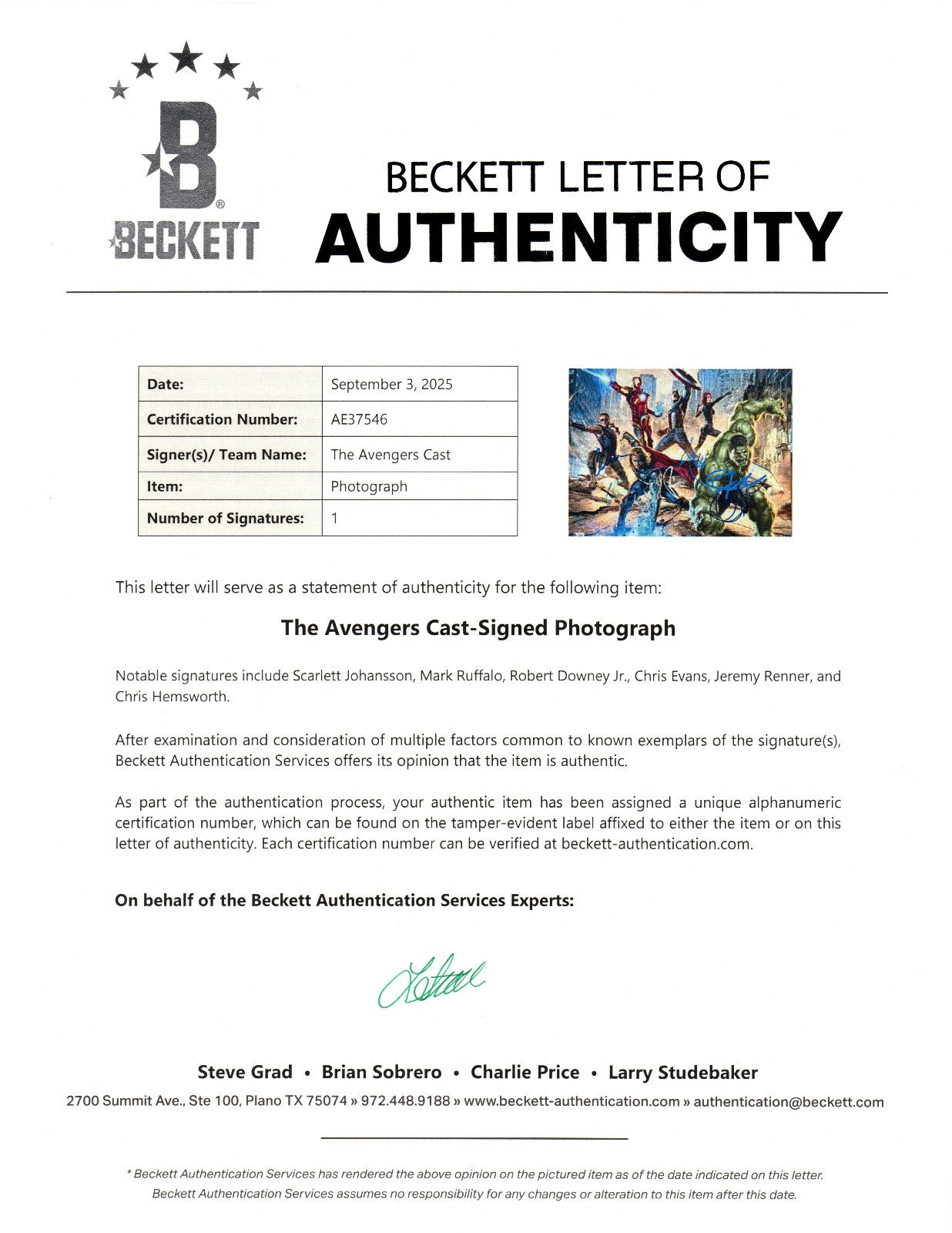 SCARLETT JOHANSSON CAST AUTOGRAPH SIGNED 11X14 PHOTO MARVEL AVENGERS BECKETT BAS