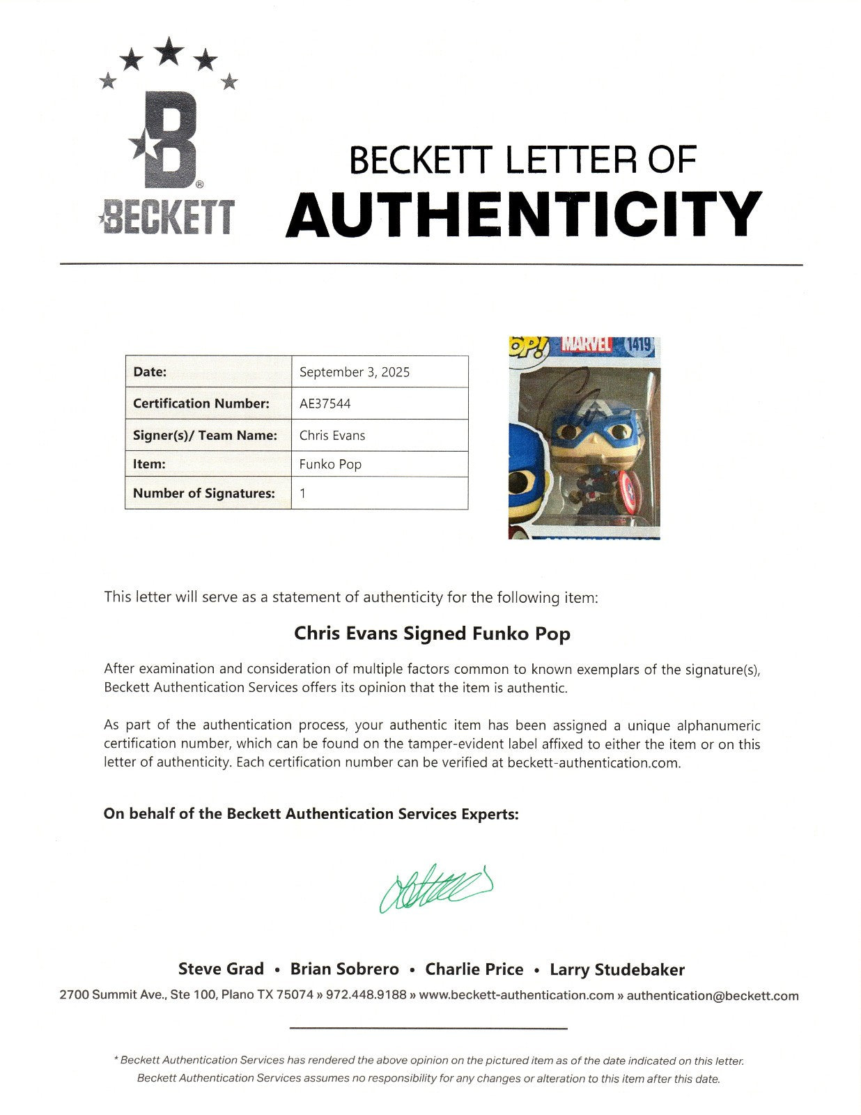CHRIS EVANS AUTOGRAPH SIGNED FUNKO POP MARVEL CAPTAIN AMERICA BECKETT BAS LOA