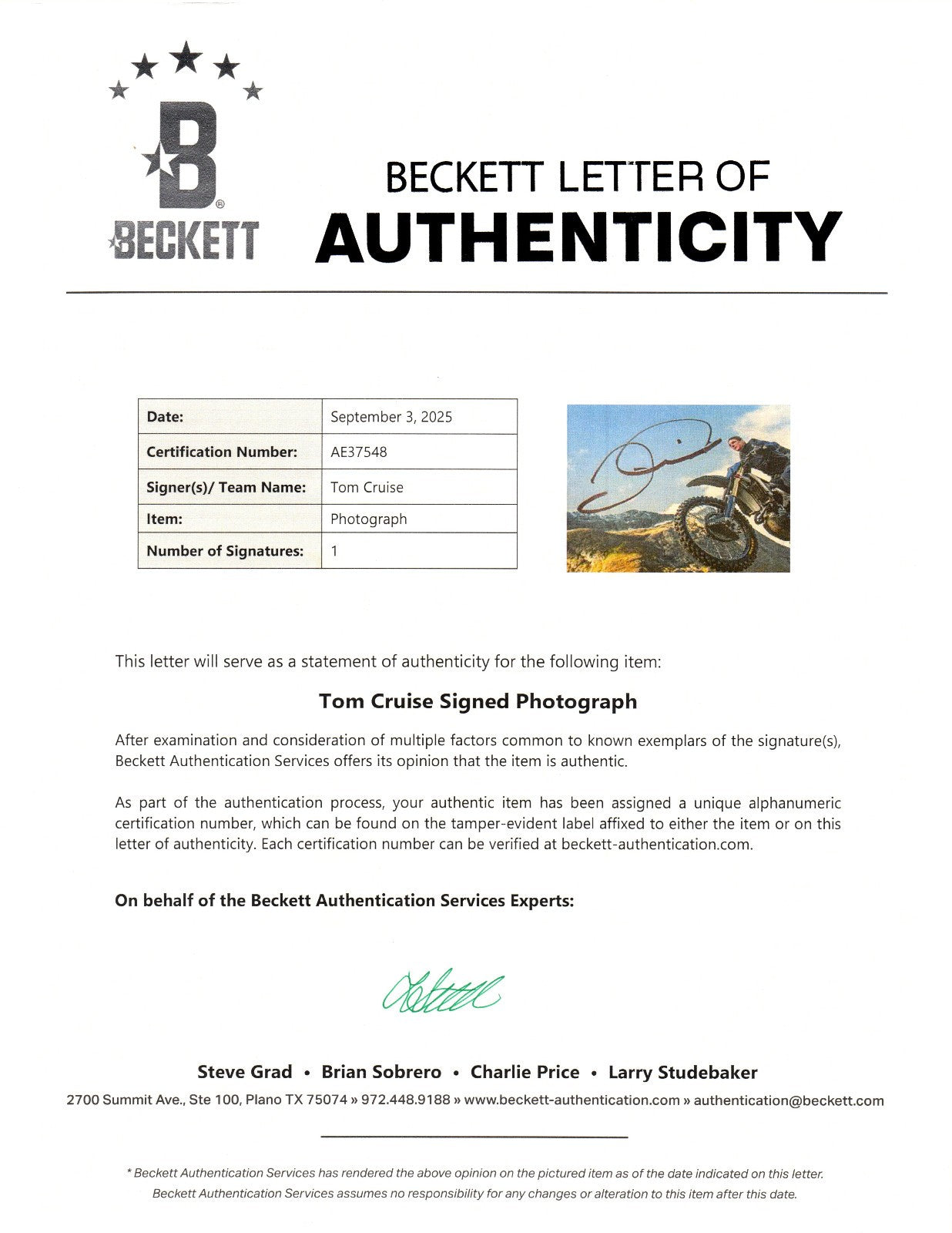 TOM CRUISE AUTOGRAPH SIGNED 11X14 PHOTO MISSION IMPOSSIBLE BECKETT BAS LOA