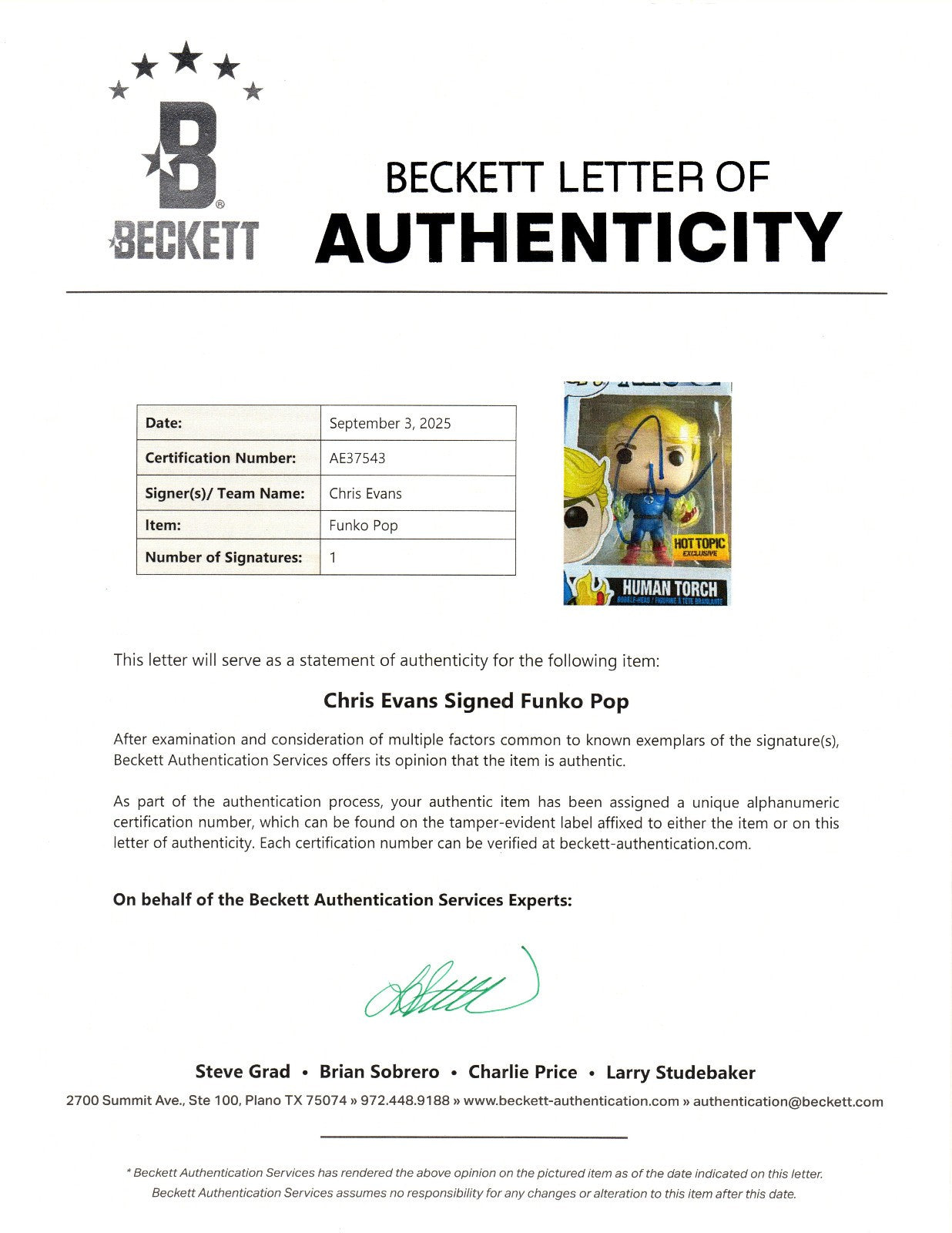 CHRIS EVANS AUTOGRAPH SIGNED FUNKO POP HUMAN TORCH FANTASTC FOUR BECKETT BAS LOA
