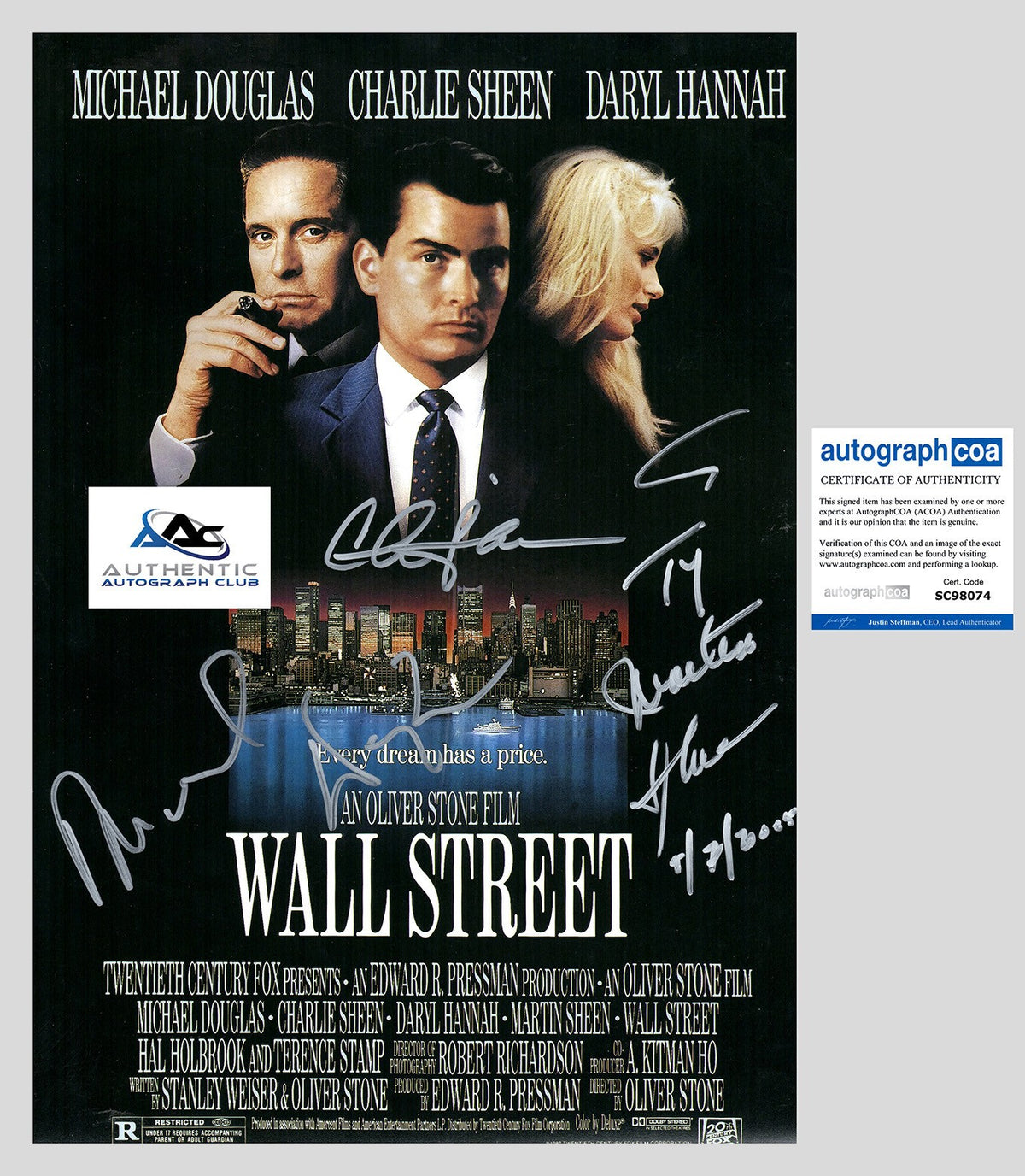 MICHAEL DOUGLAS +2 AUTOGRAPH SIGNED 12x18 PHOTO POSTER WALL STREET ACOA