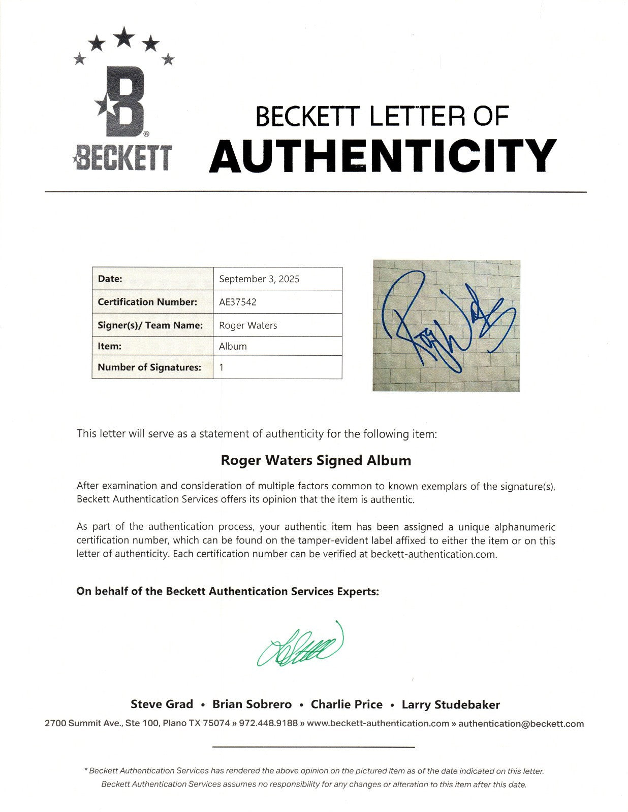 ROGER WATERS AUTOGRAPH SIGNED THE WALL VINYL RECORD BAS BECKETT LOA