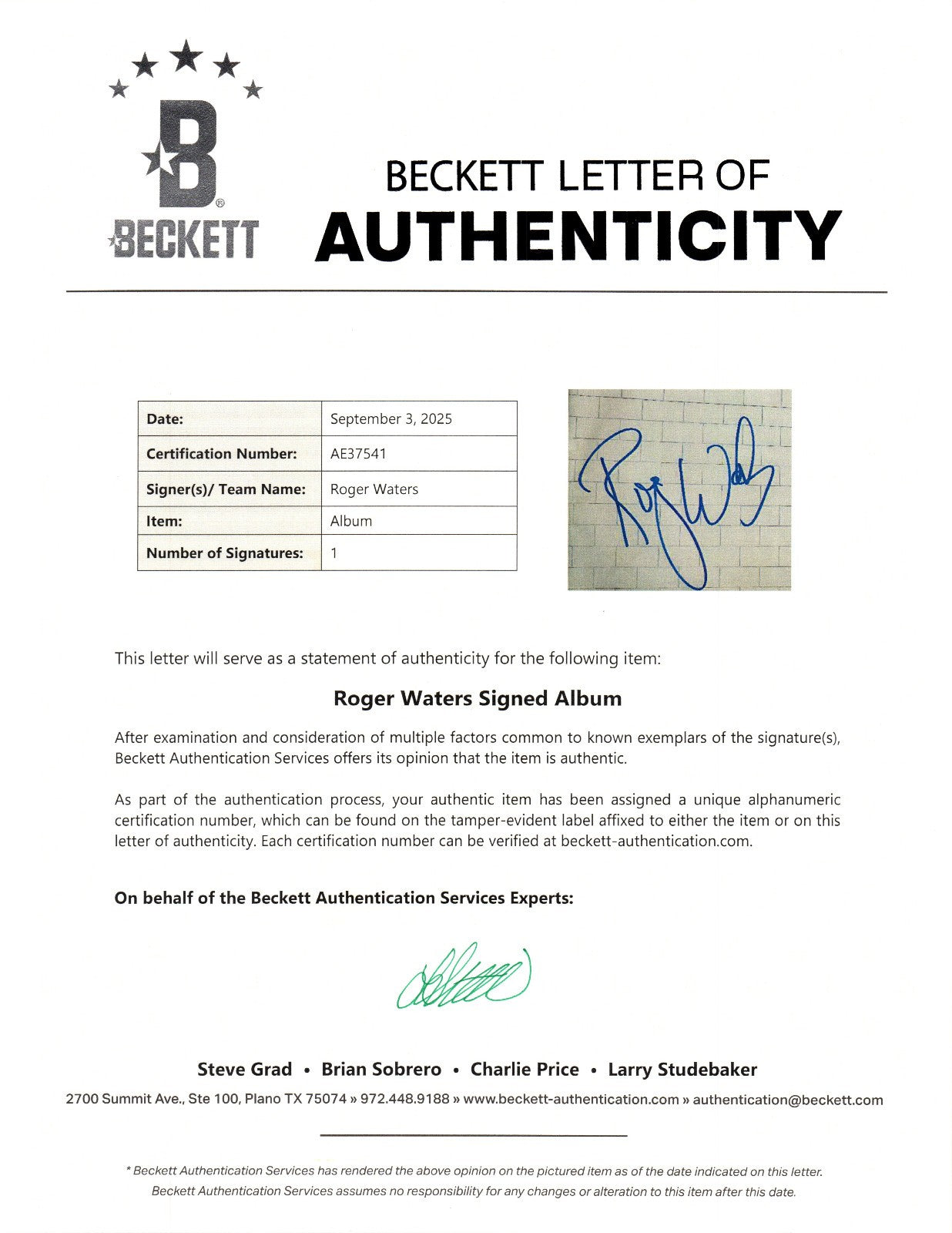 ROGER WATERS AUTOGRAPH SIGNED THE WALL VINYL RECORD BAS BECKETT LOA