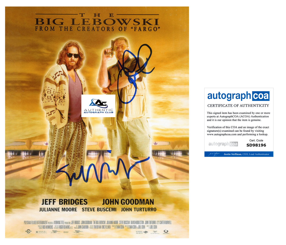 JEFF BRIDGES JOHN GOODMAN AUTOGRAPH SIGNED 8x10 PHOTO THE BIG LEBOWSKI ACOA