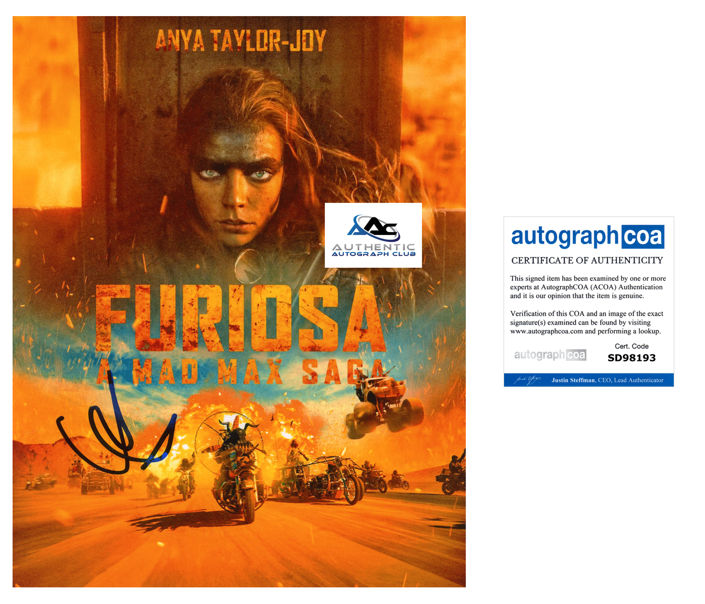 ANYA TAYLOR JOY AUTOGRAPH SIGNED 8X10 PHOTO FURIOSA MAD MAX SAGA ACOA
