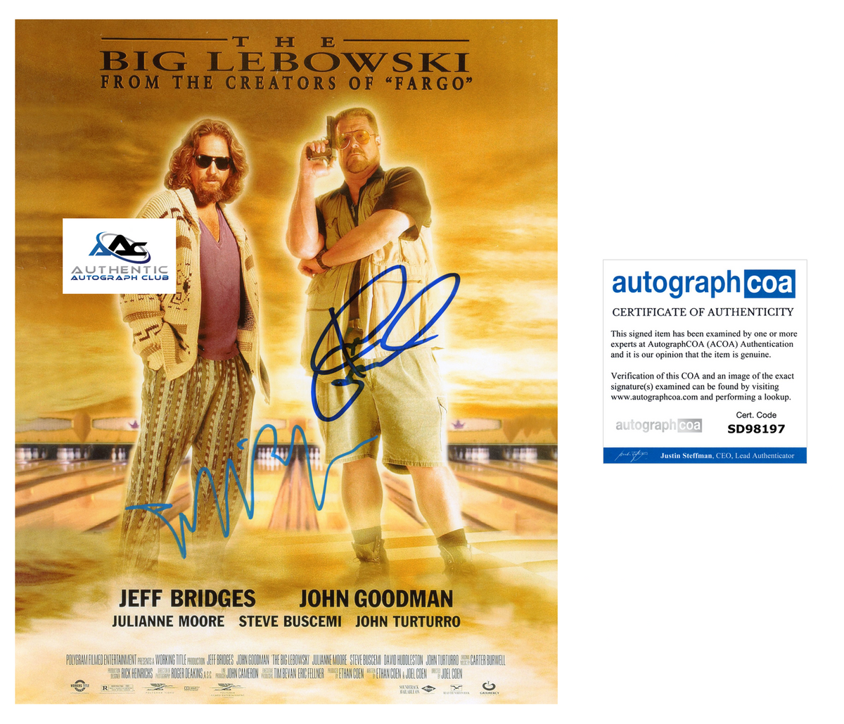 JEFF BRIDGES JOHN GOODMAN AUTOGRAPH SIGNED 8x10 PHOTO THE BIG LEBOWSKI ACOA