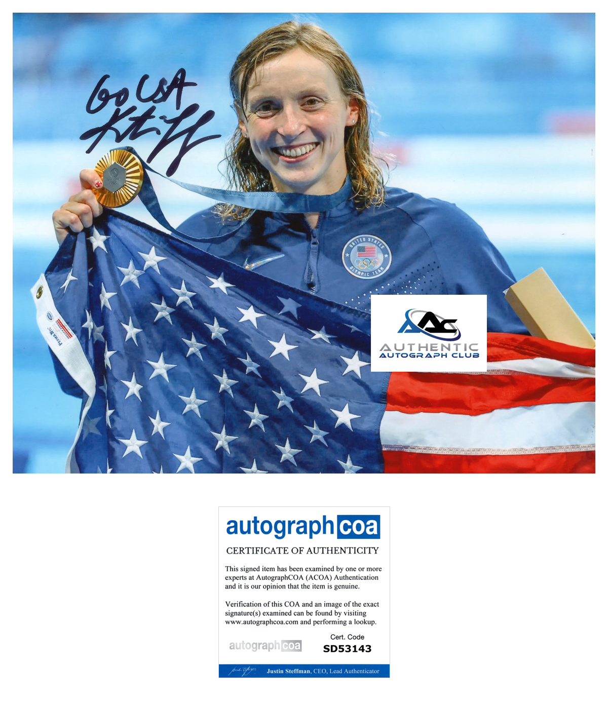 KATIE LEDECKY AUTOGRAPH SIGNED 8X10 PHOTO US WOMENS OLYMPIC SWIMMER ACOA