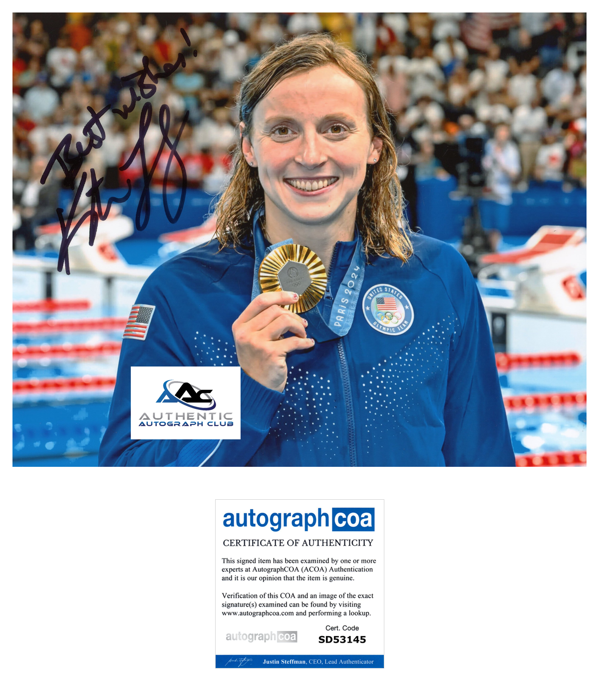 KATIE LEDECKY AUTOGRAPH SIGNED 8X10 PHOTO US WOMENS OLYMPIC SWIMMER ACOA